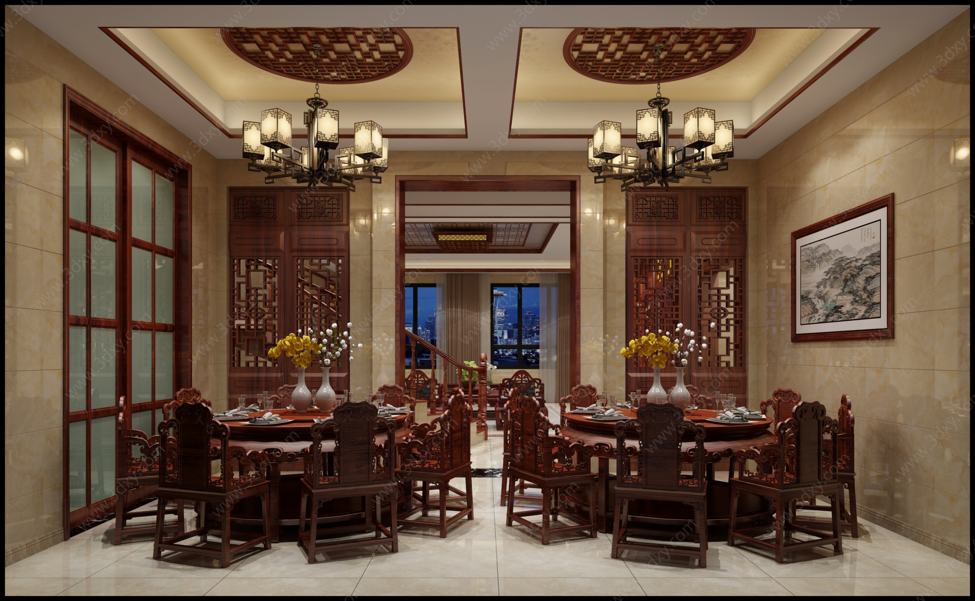 中式客餐厅别墅3D模型