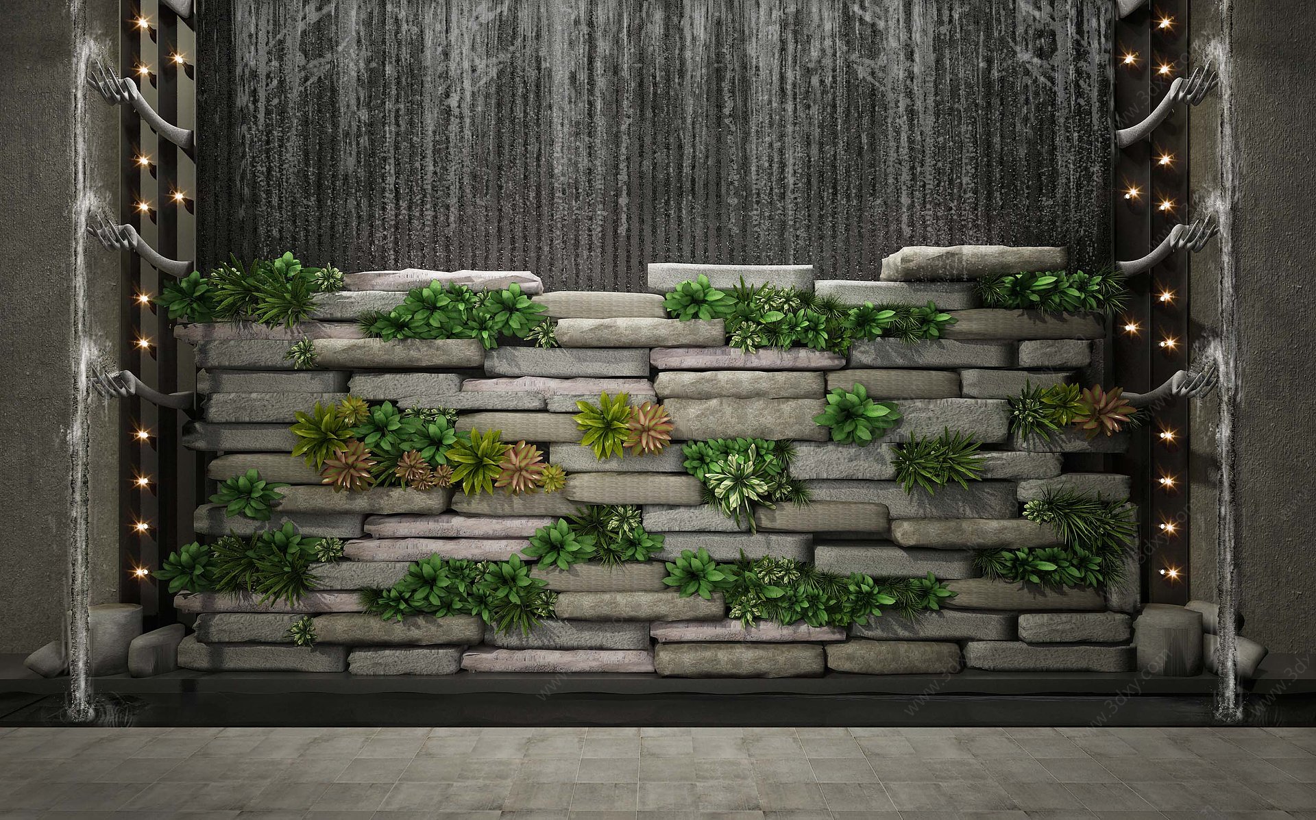 植物墙水景户外墙石头3D模型