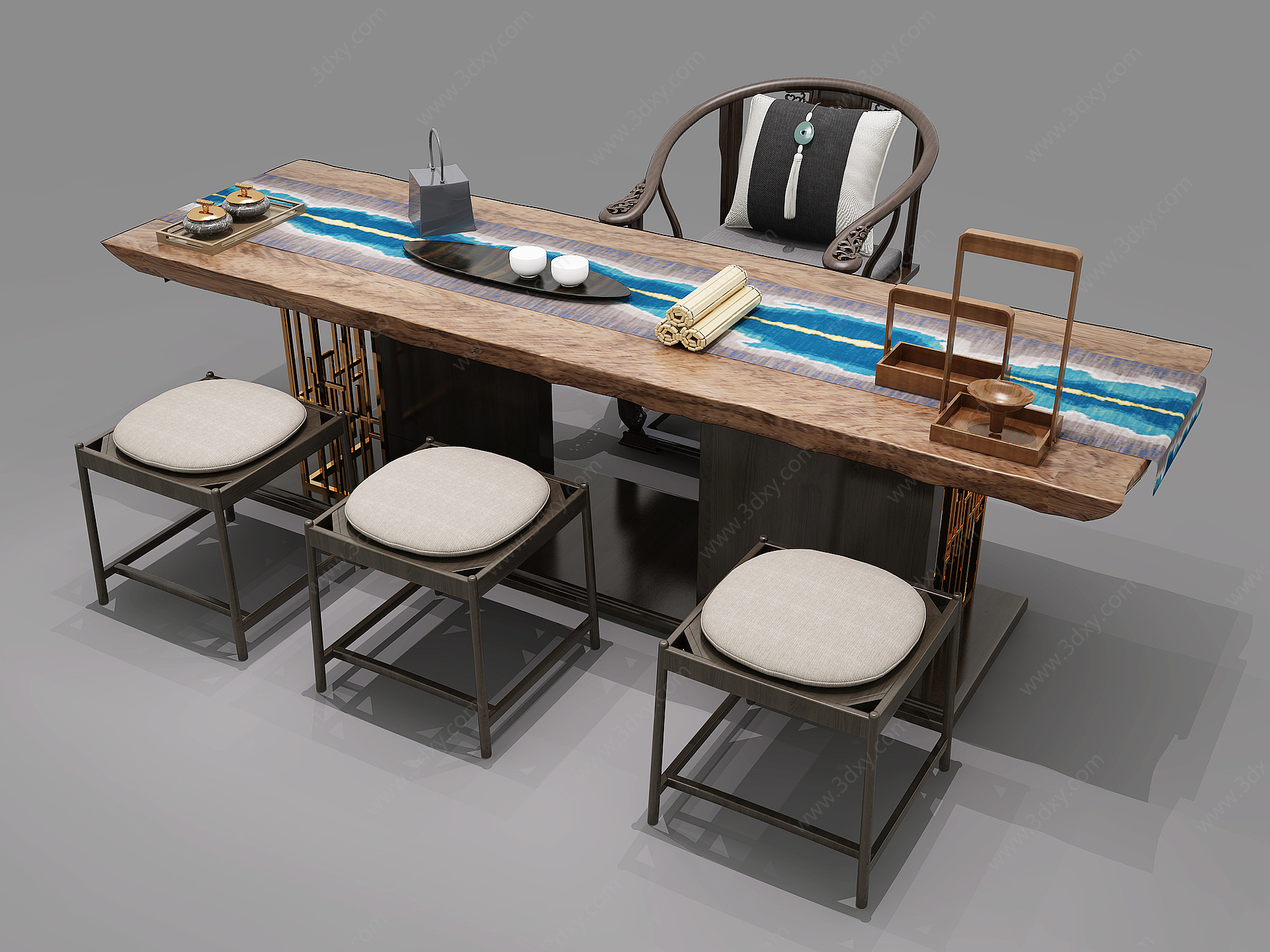 中式茶桌椅组合3D模型