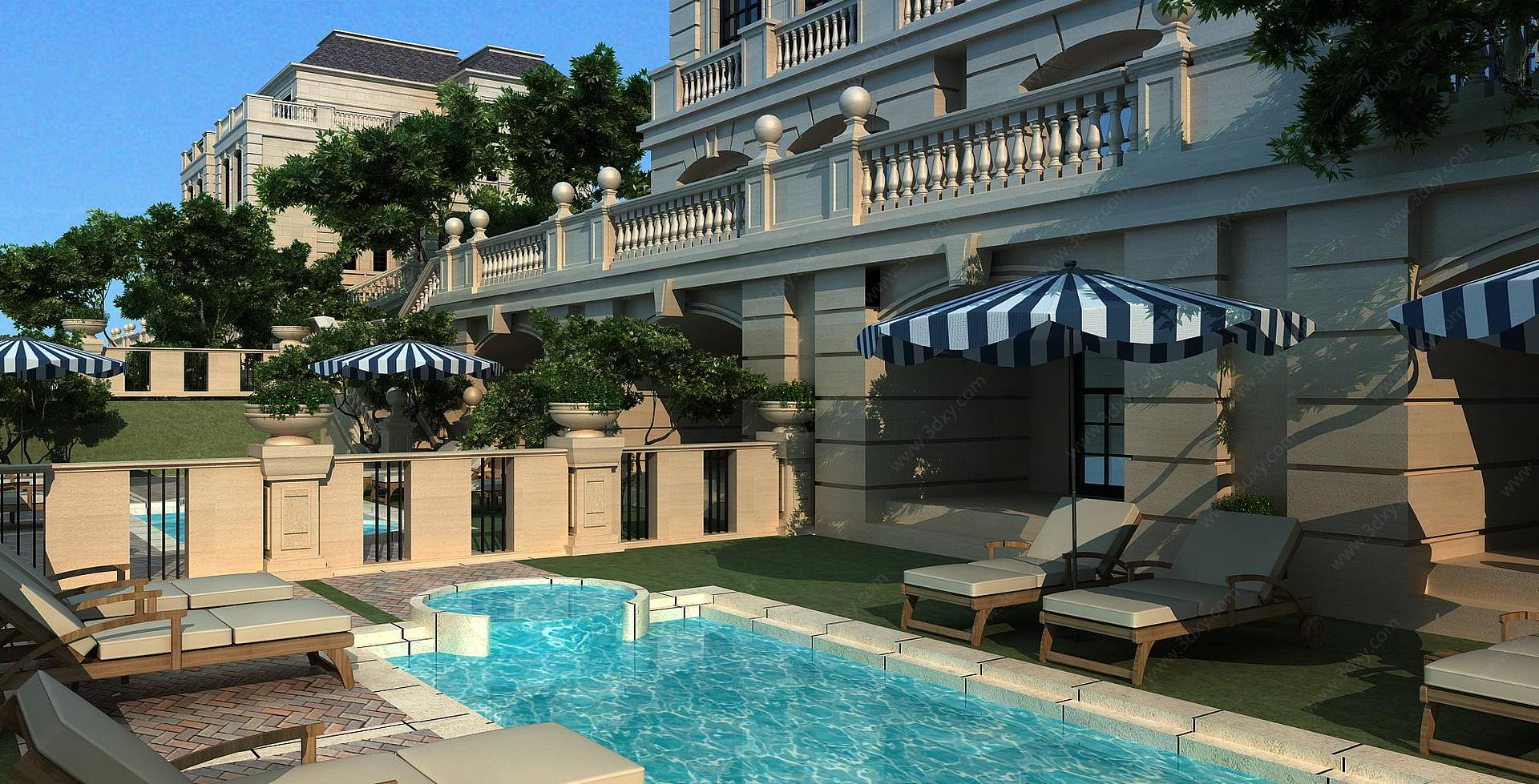 欧式豪华独栋别墅庭院泳池3D模型