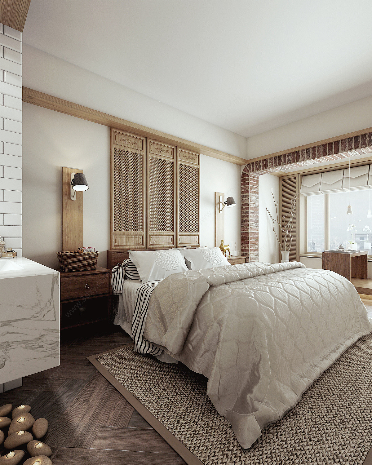 中式卧室双人床床头柜格栅3D模型