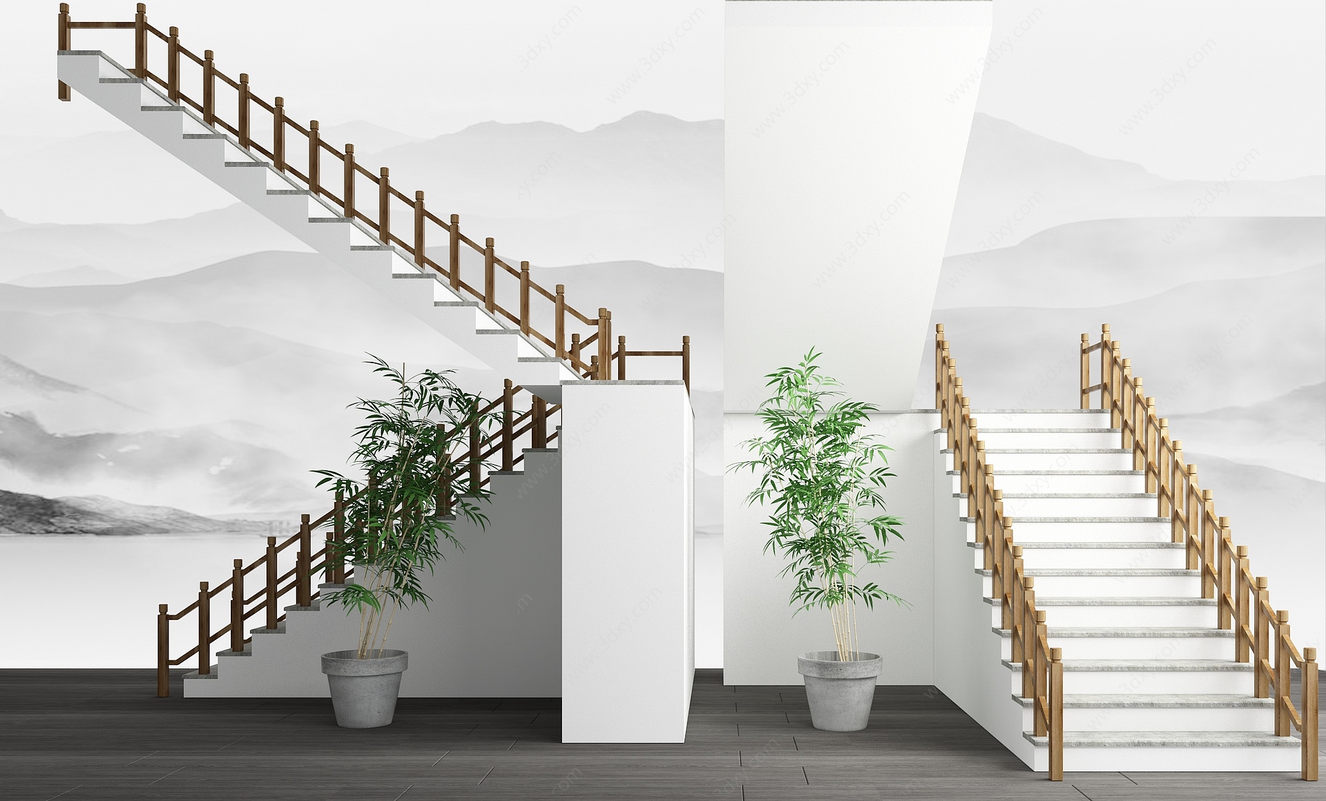 新中式楼梯踏步扶手3D模型