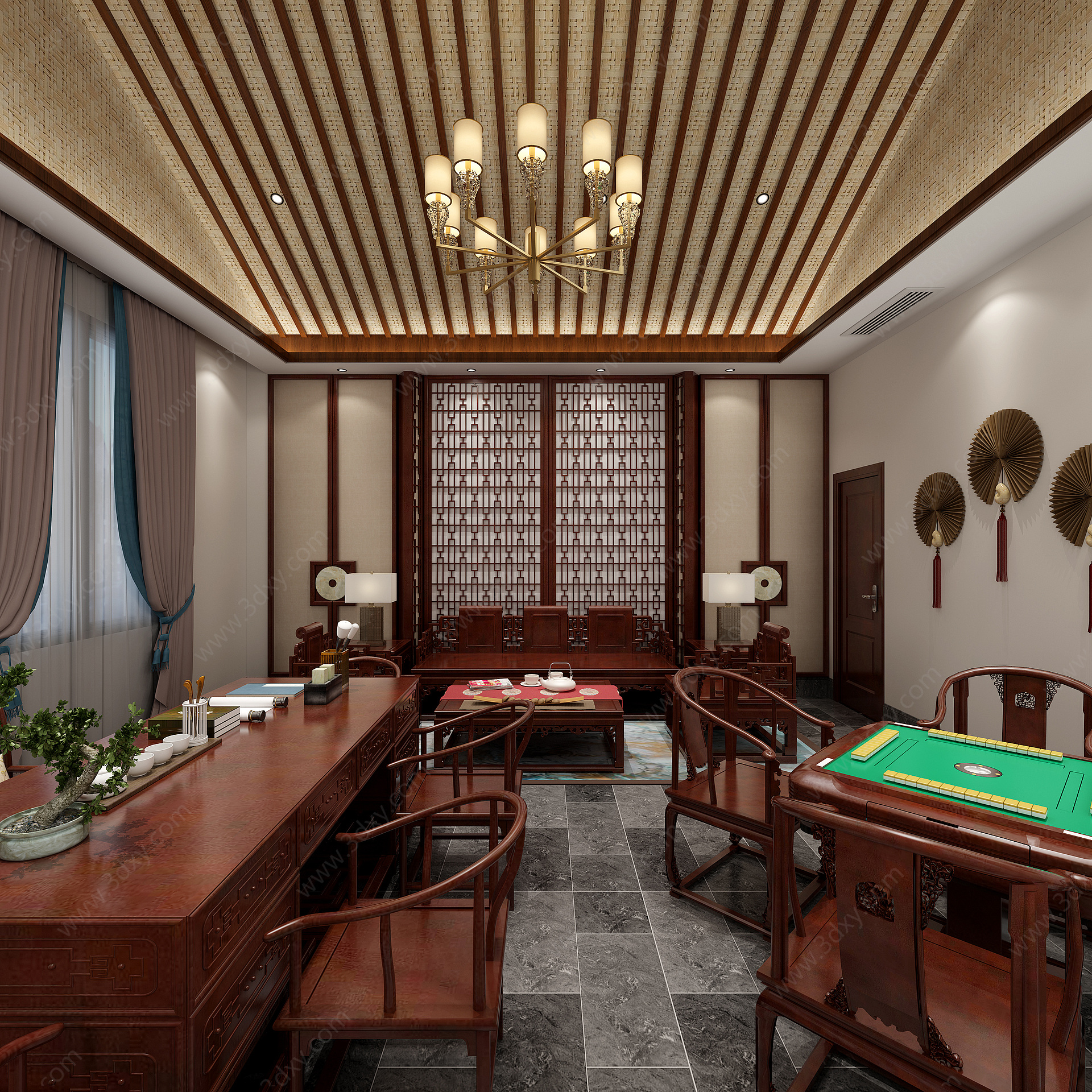 新中式麻将桌娱乐室娱乐室3D模型