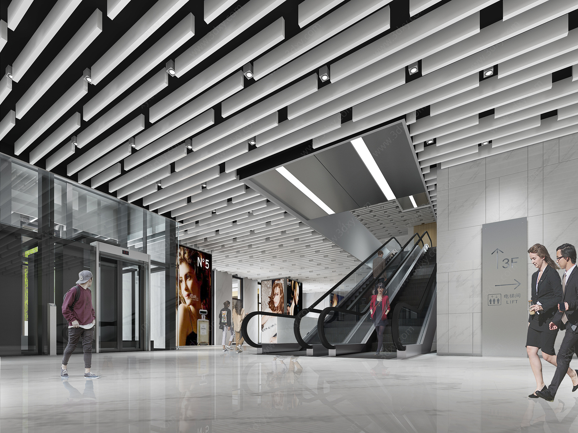 现代商场大厅手扶梯过道3D模型