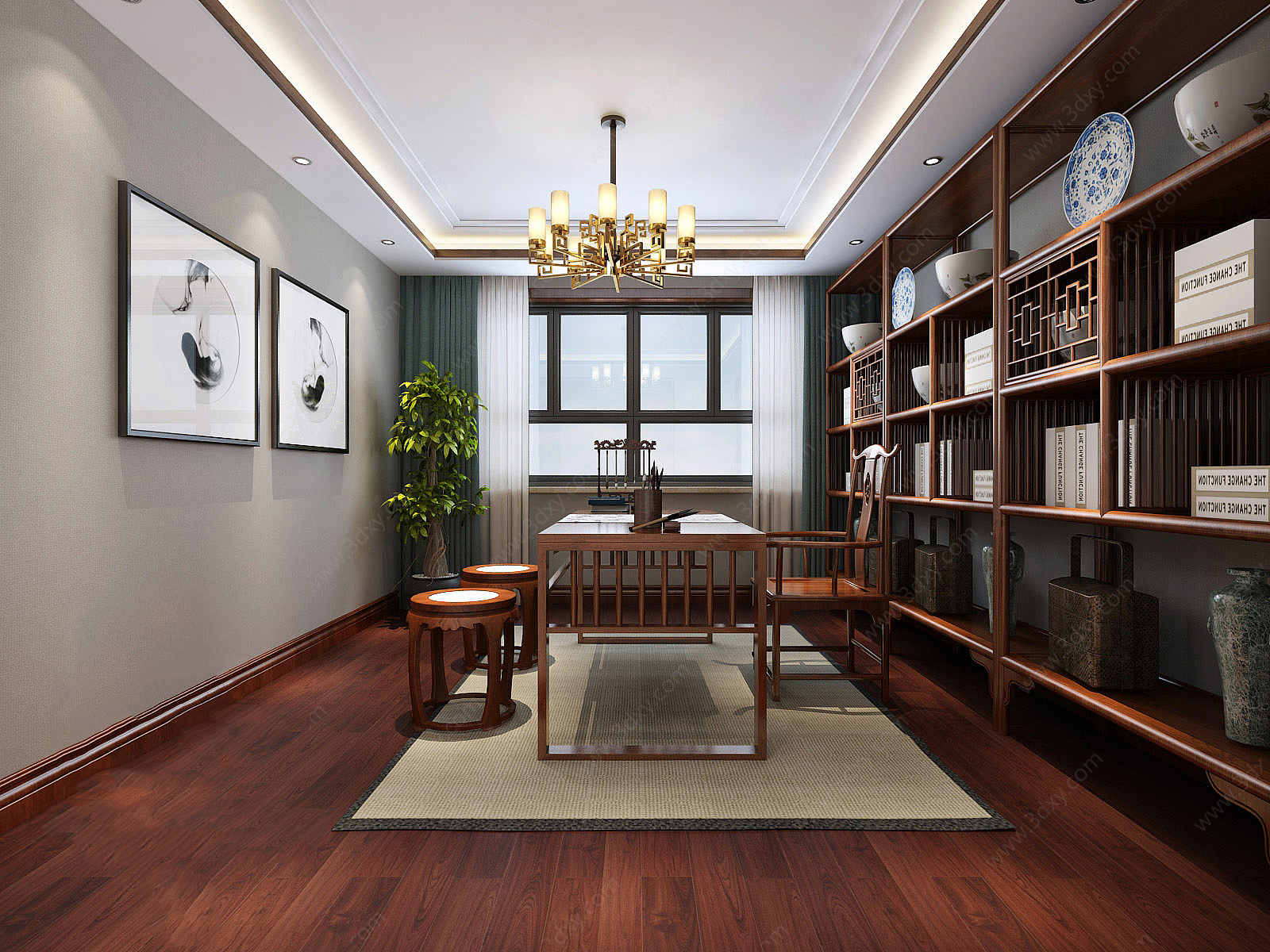 新中式书房别墅书房3D模型