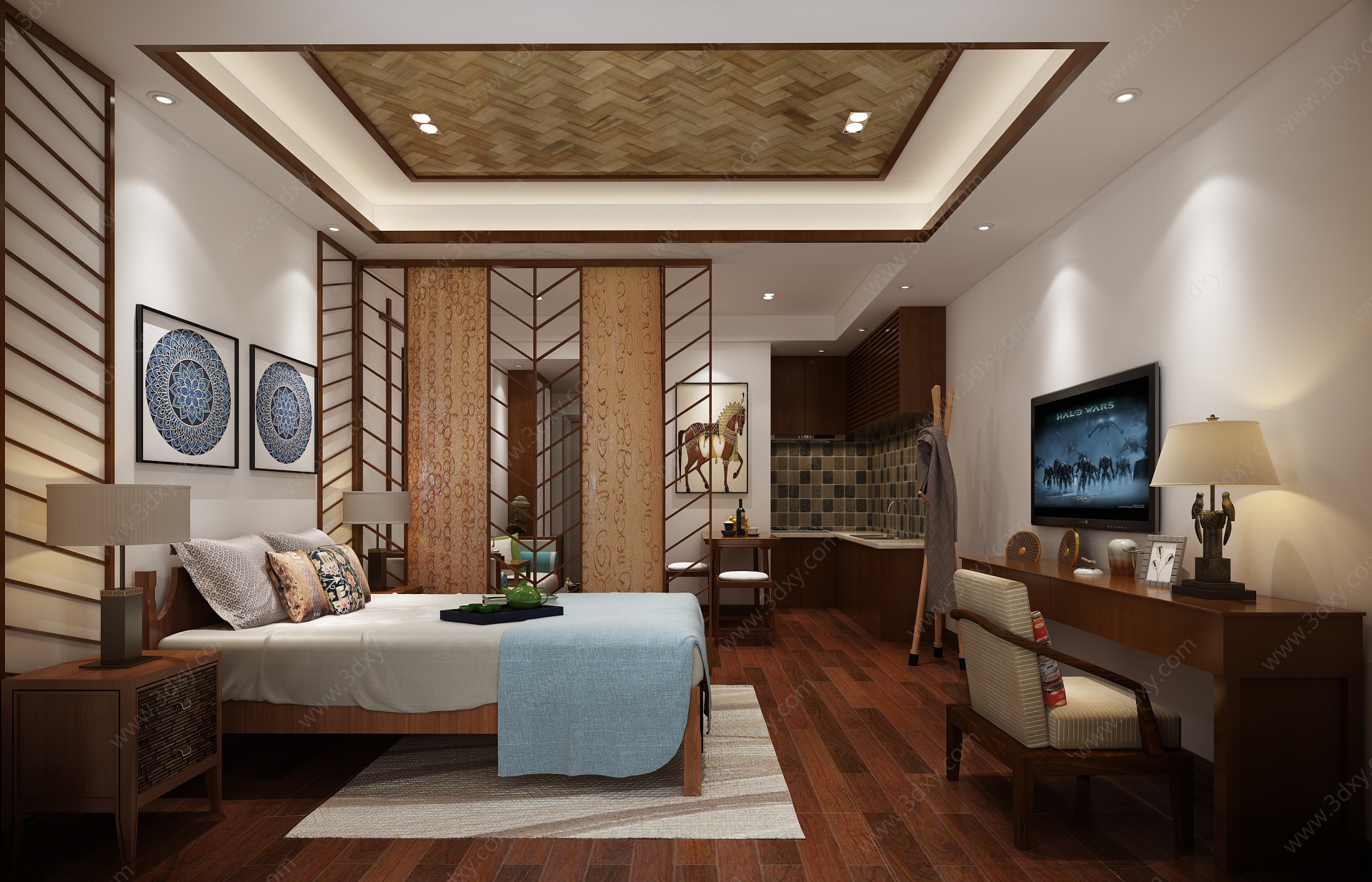 东南亚风格卧室客餐厅3D模型