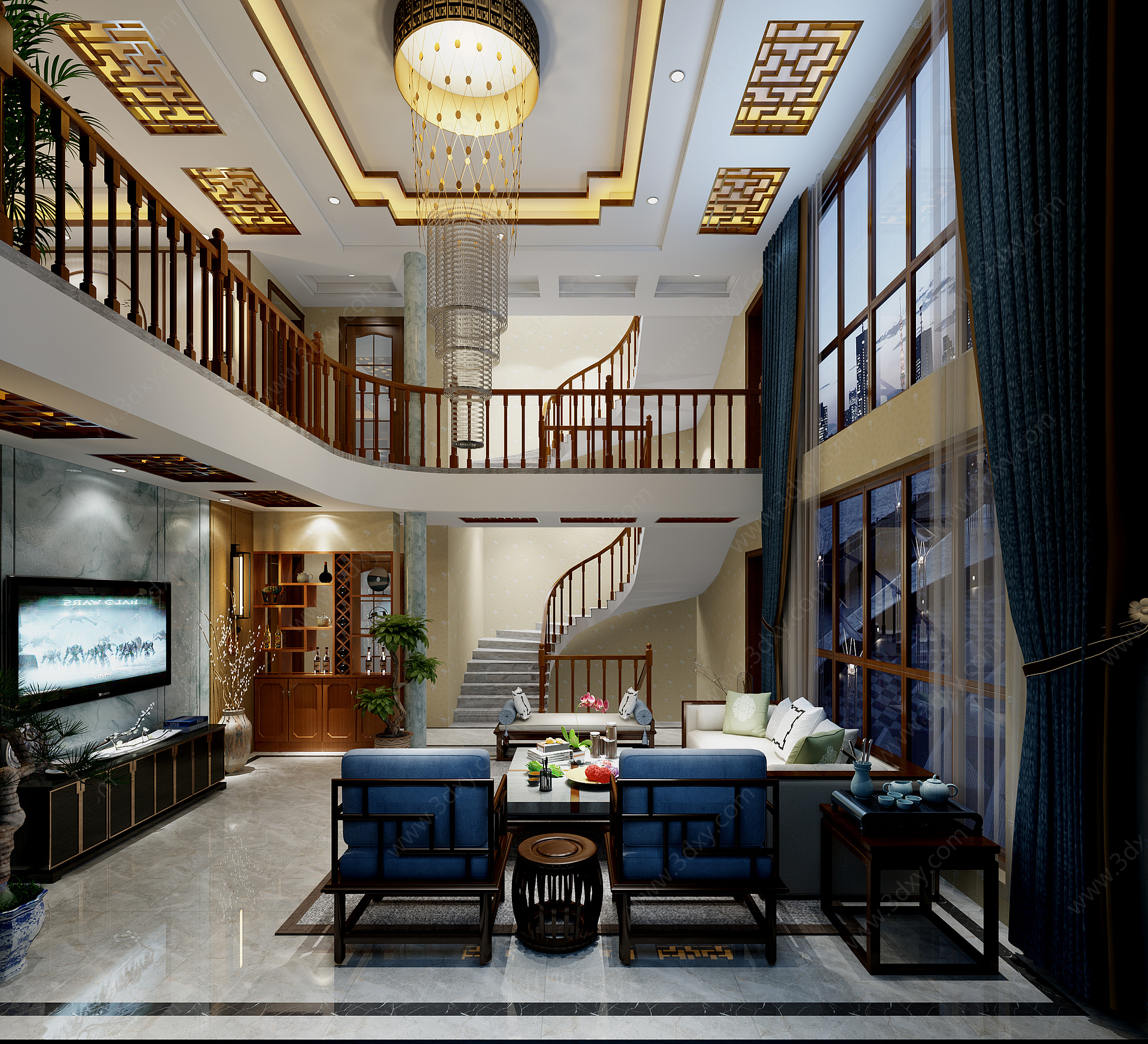 新中式别墅跃层新中式客厅3D模型