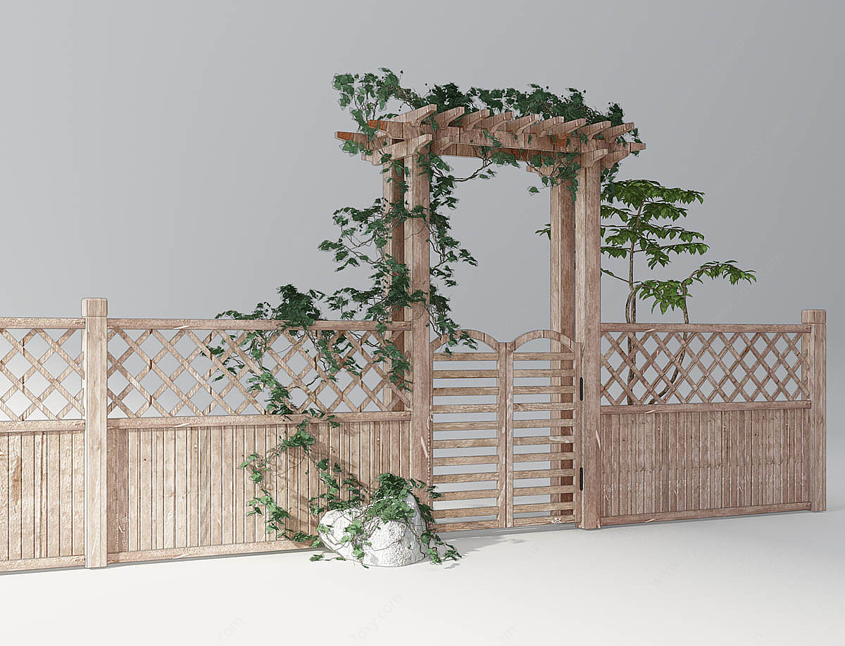 农家院篱笆墙廊架藤蔓3D模型