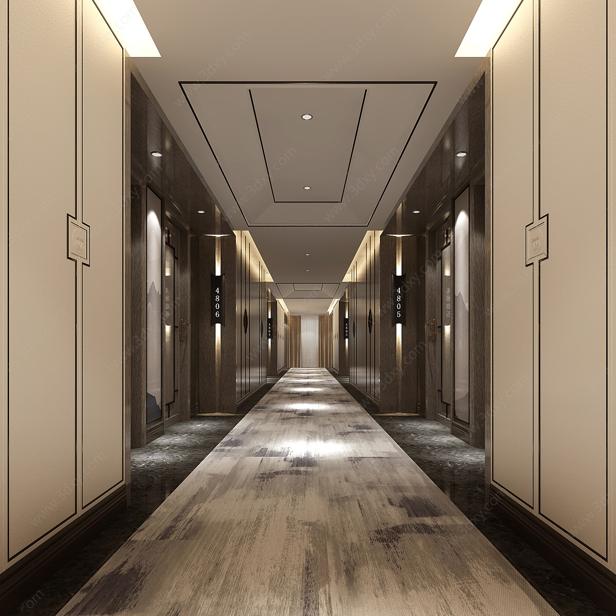现代新中式酒店客房走廊3D模型
