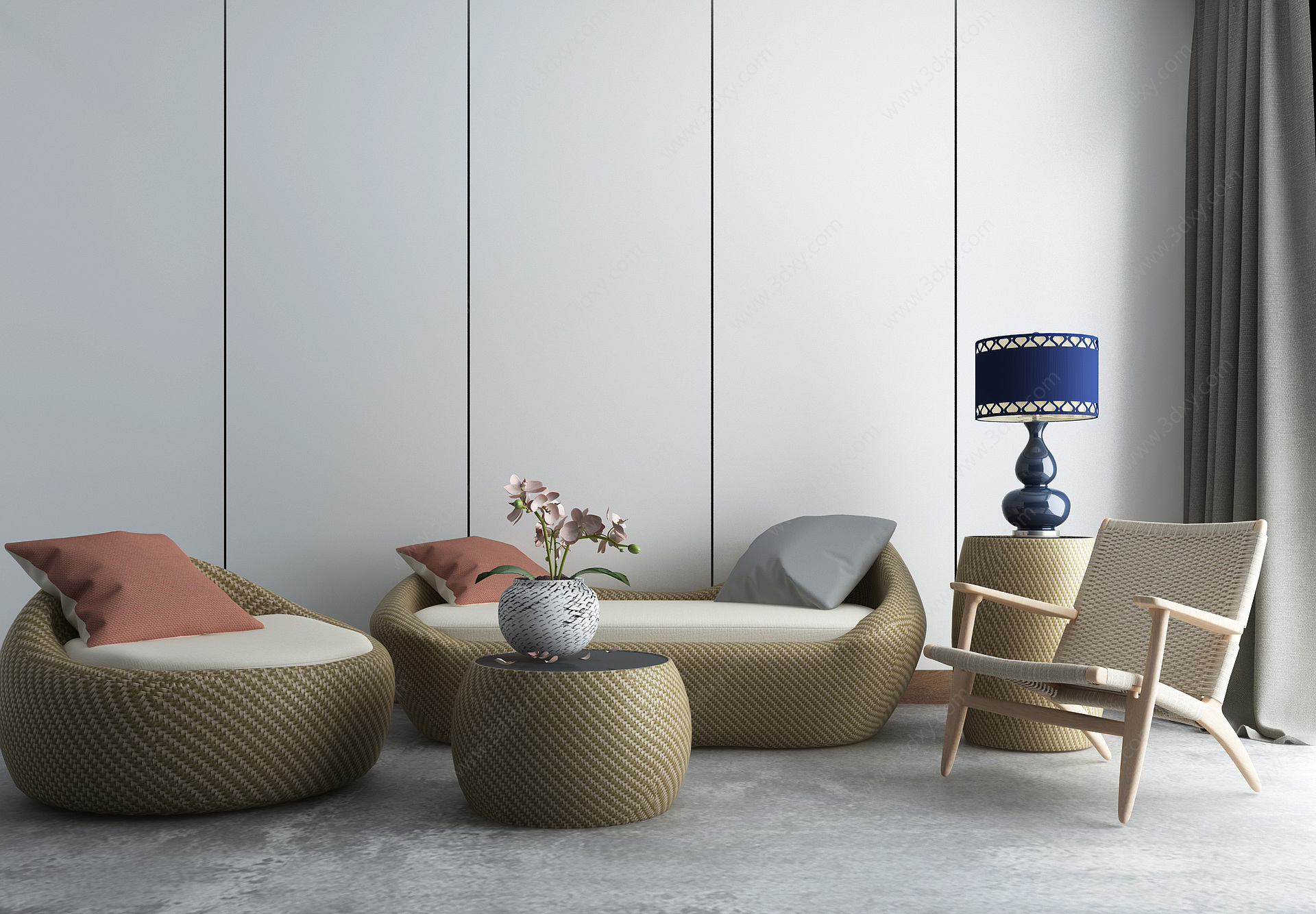 竹编藤椅沙发茶几组合3D模型