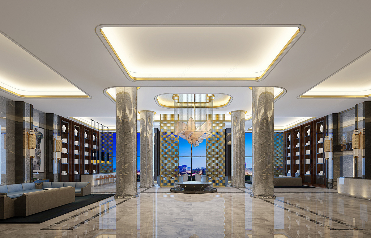 新中式酒店大堂花瓣吊灯3D模型