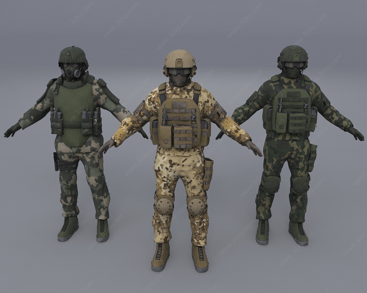 三种作战服大兵士兵3D模型