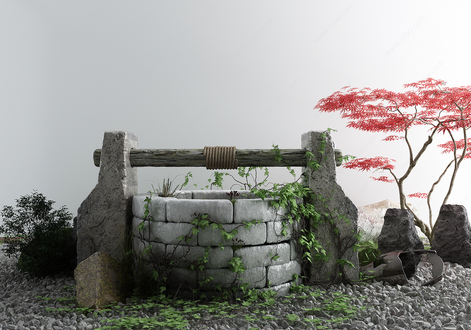 新中式庭院景观小品古井3D模型