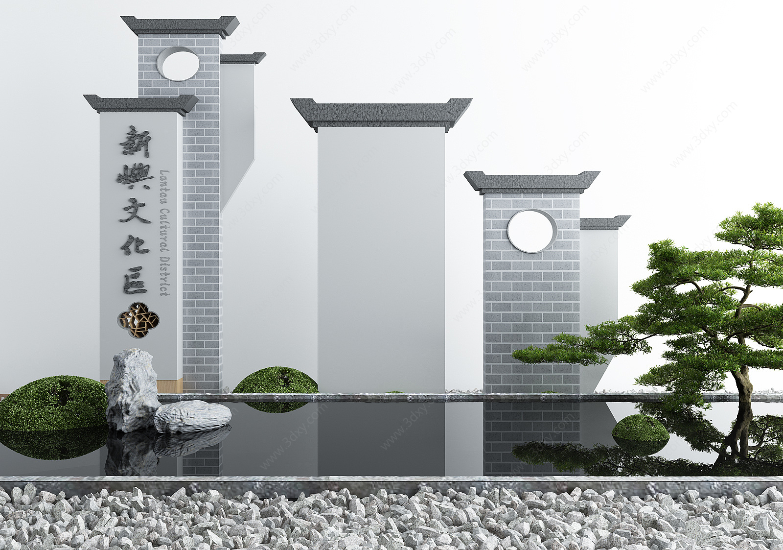 新中式庭院景观假山水景3D模型
