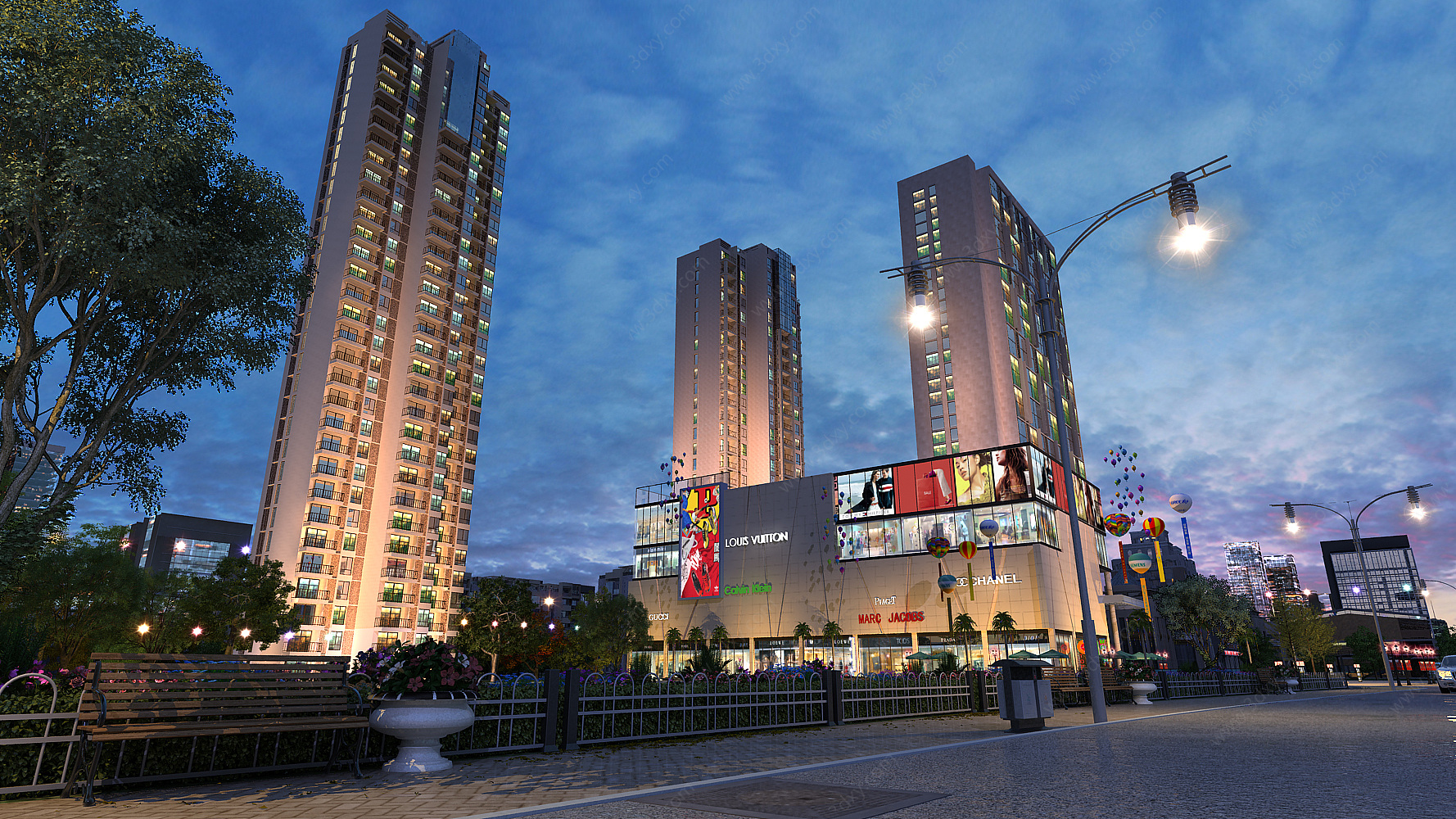 商业街夜景高层住宅商业3D模型