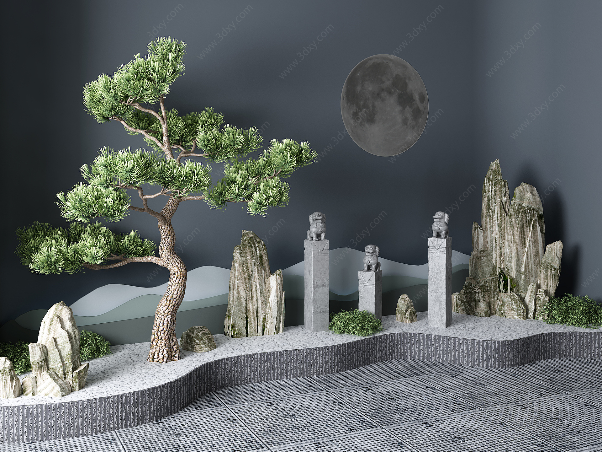 新中式景观小品松树石狮子3D模型