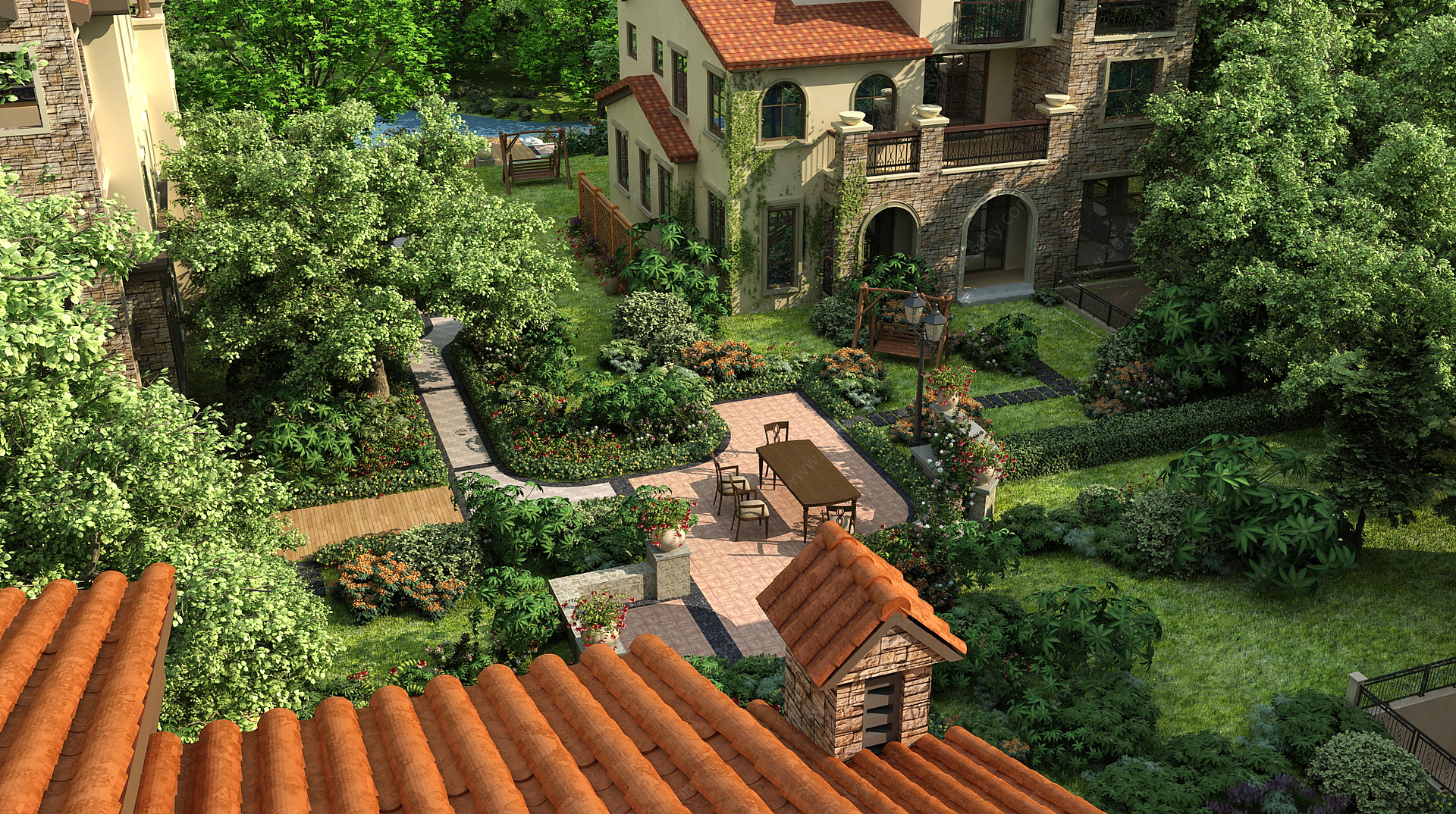 欧式别墅庭院园林景观3D模型