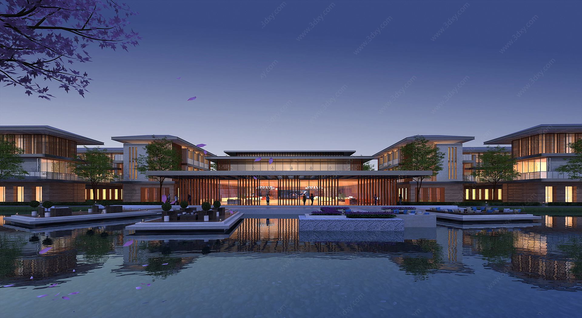 新中式会所建筑外观夜景3D模型
