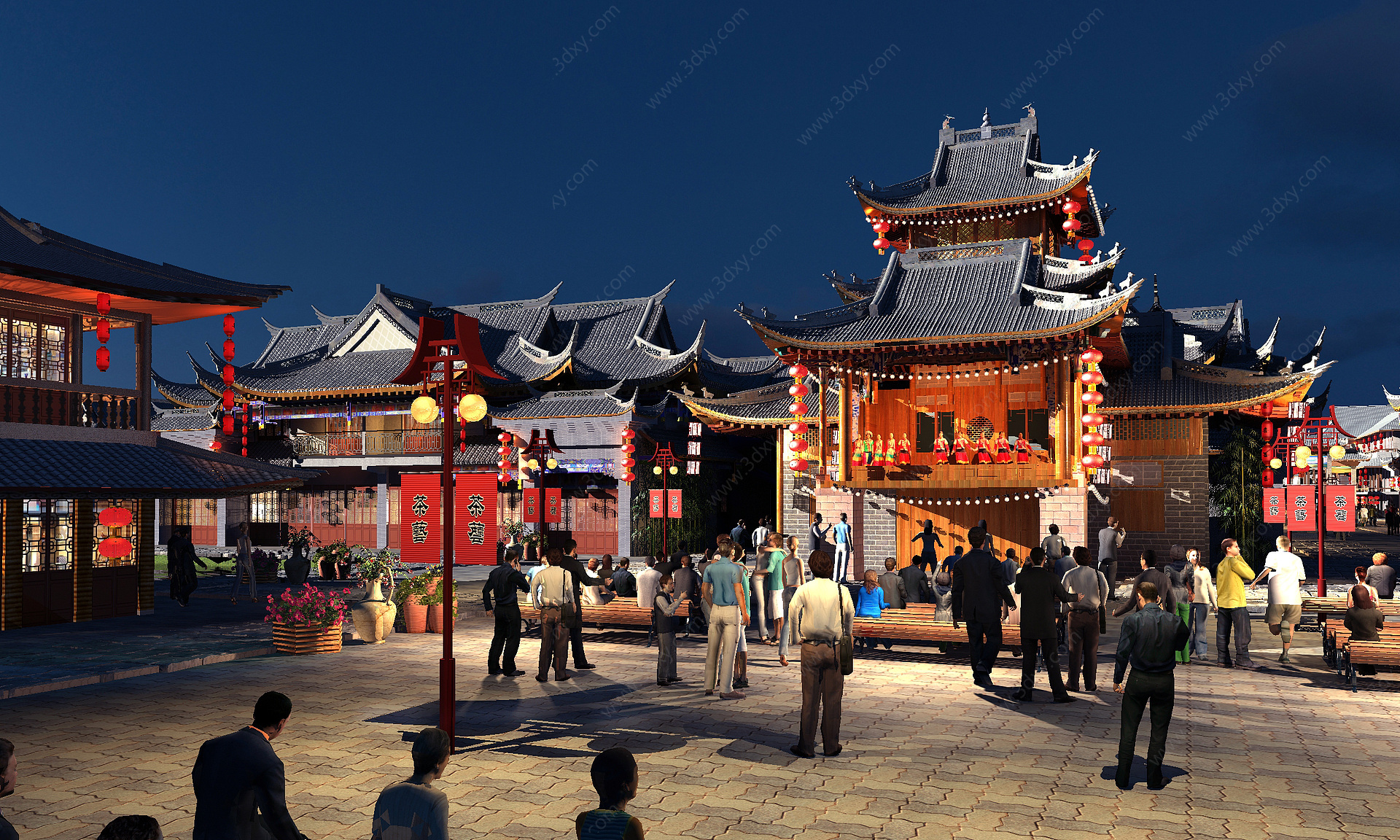 新中式古建仿古街道大殿3D模型