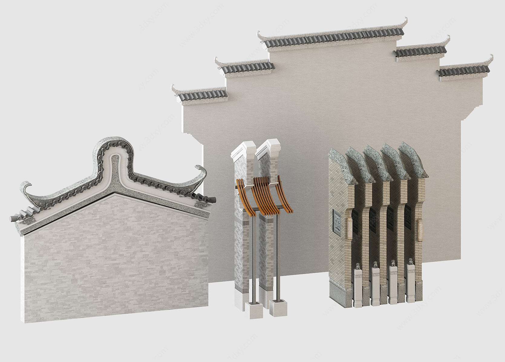 中式徽派马头墙构件建筑3D模型