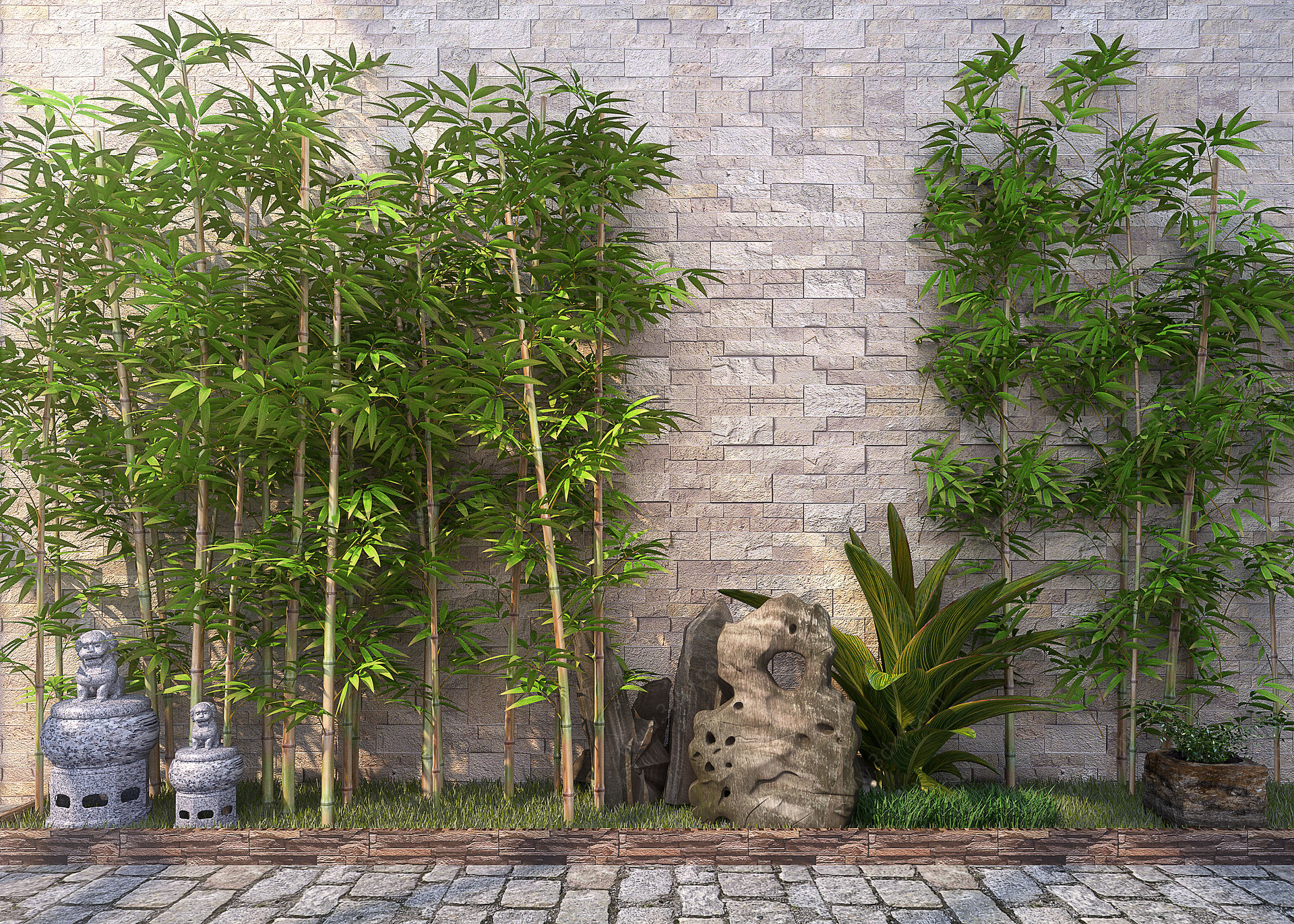 景观植物竹子园林景观石头3D模型