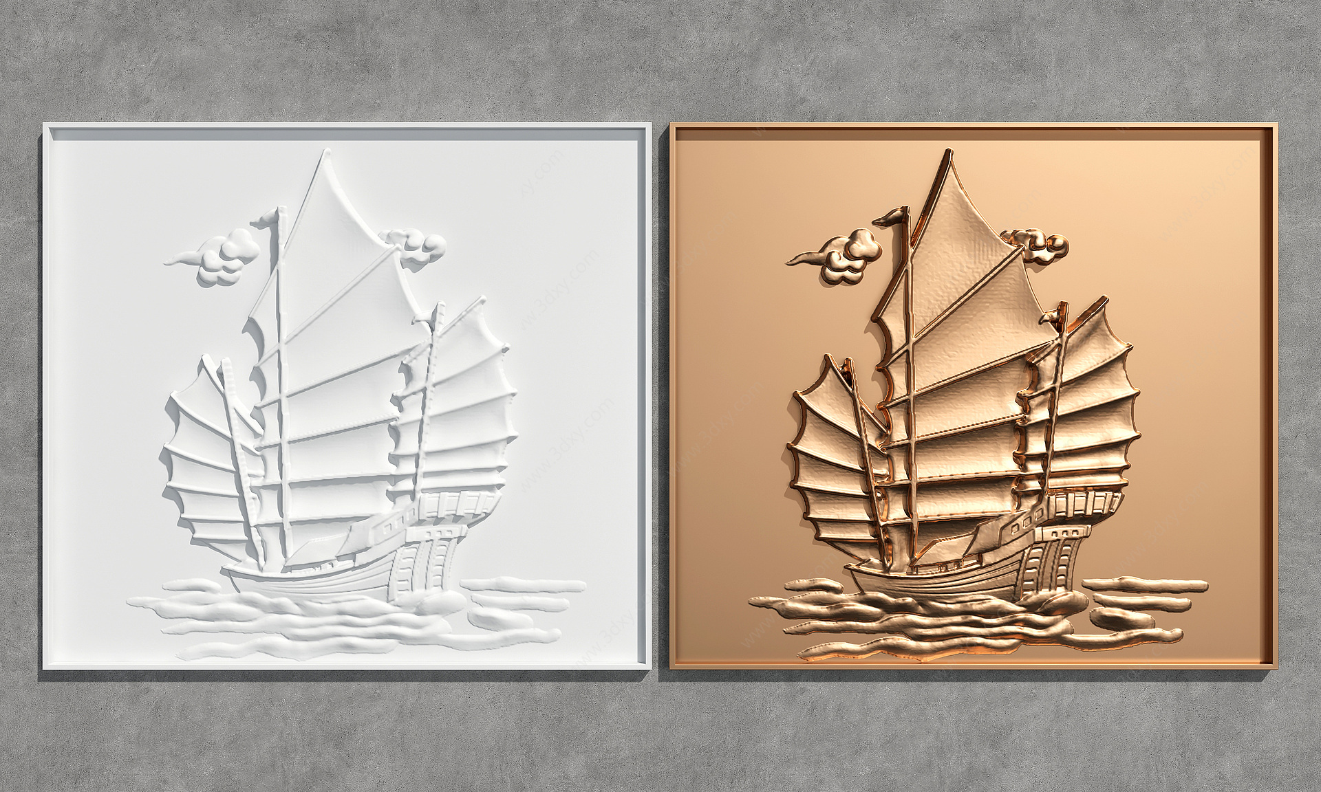 新中式帆船石膏铜质浮雕3D模型