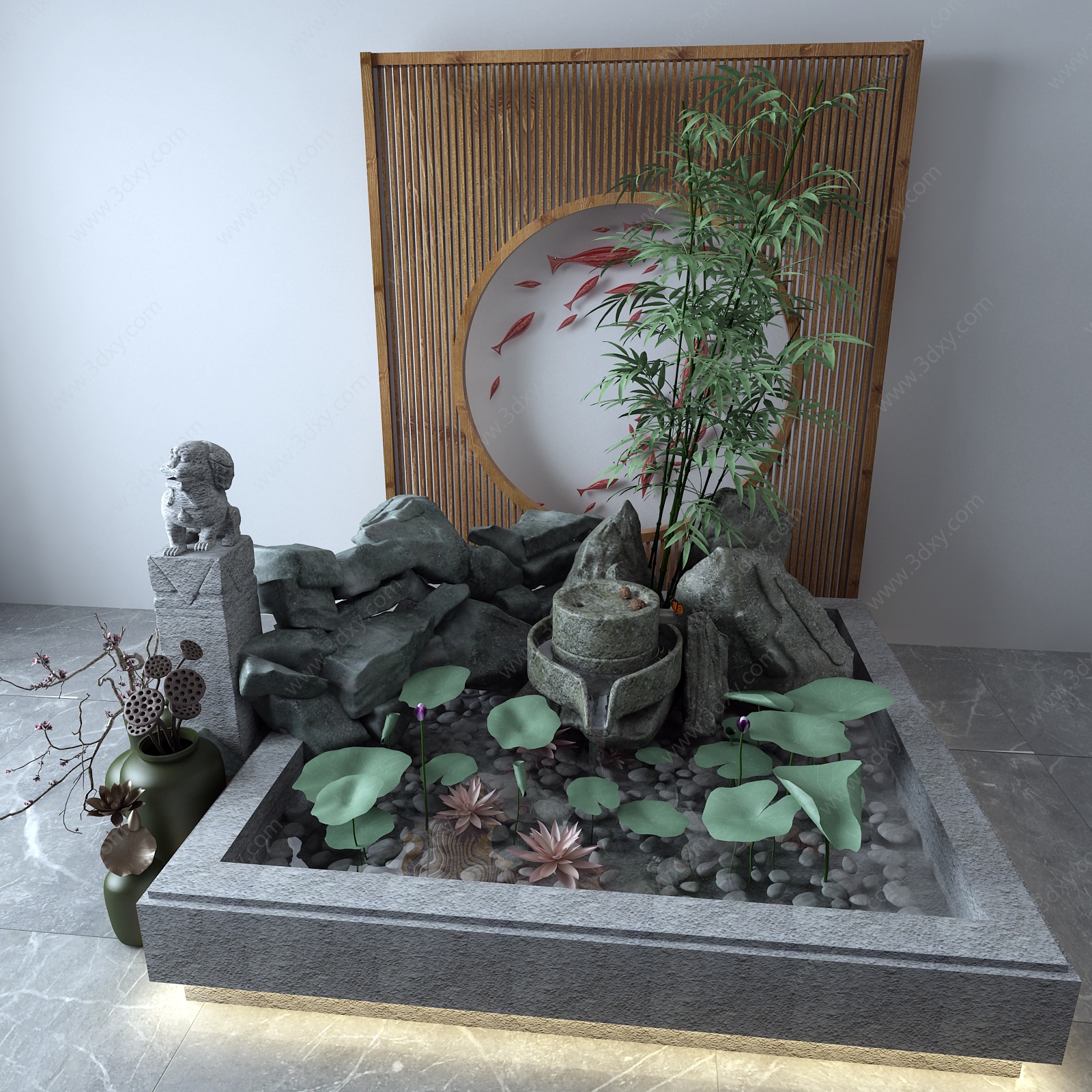 新中式景观小品荷花竹子3D模型