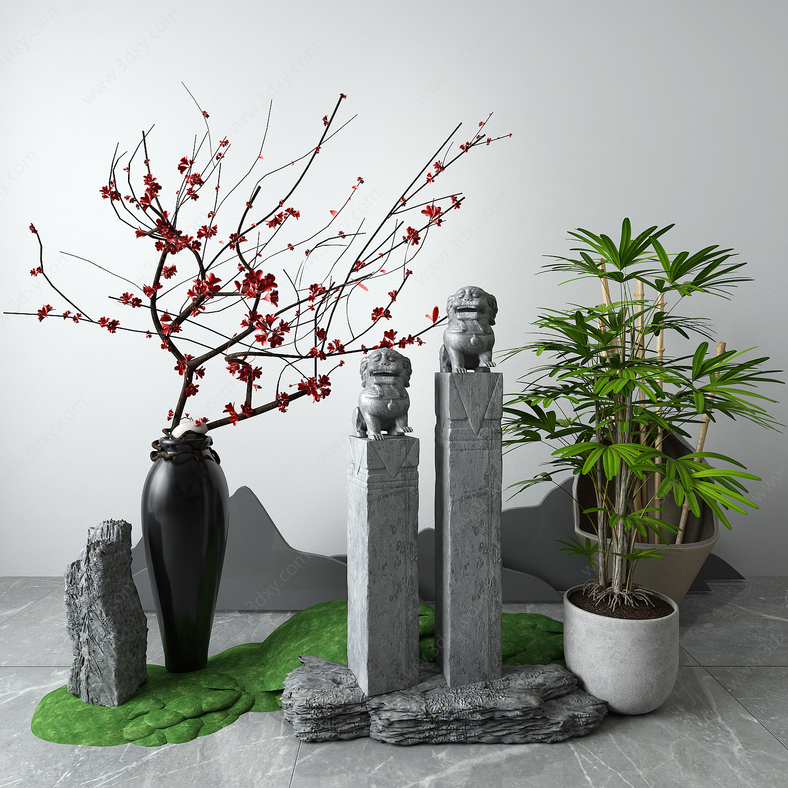 新中式景观小品石狮子盆栽3D模型