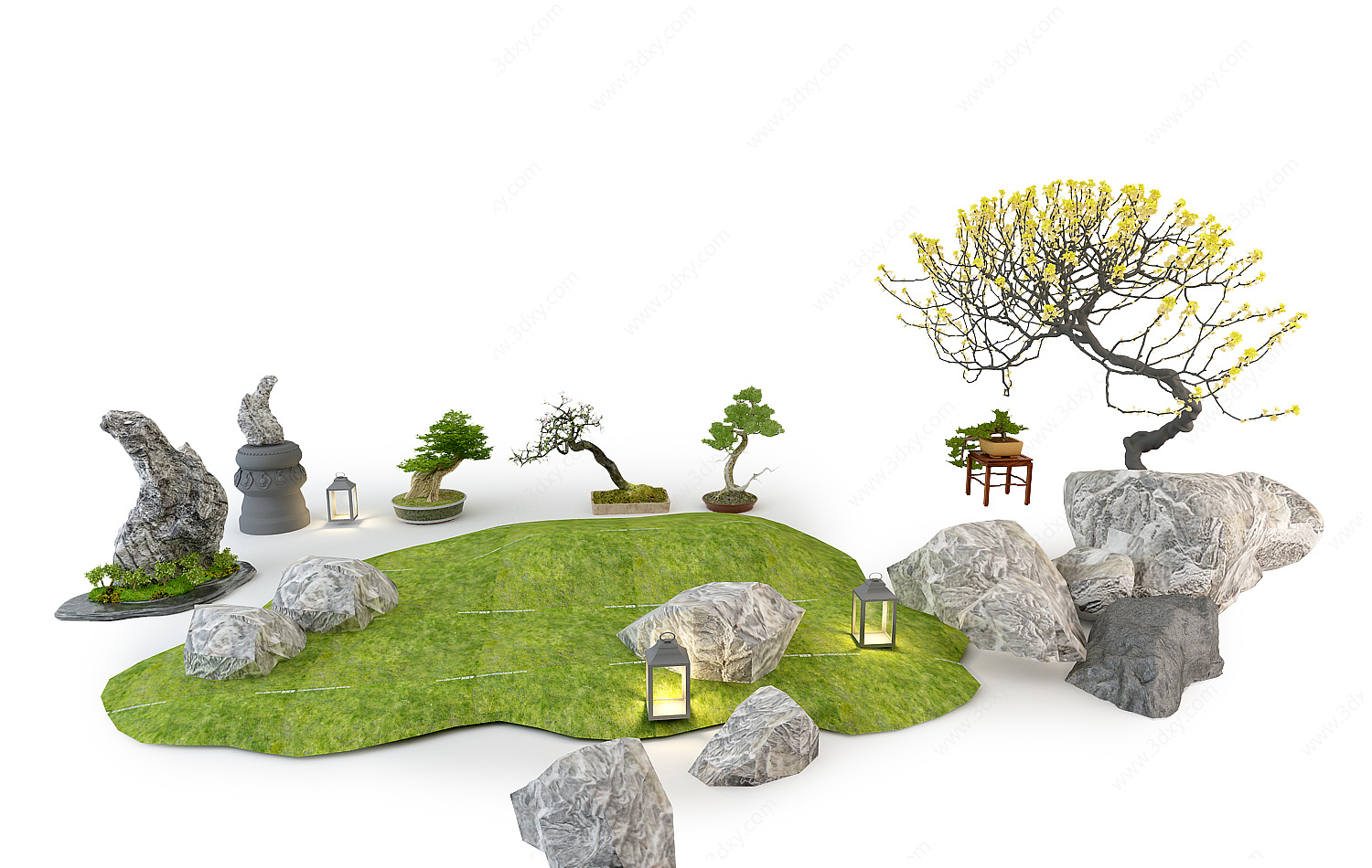 新中式景观植物组合盆栽3D模型