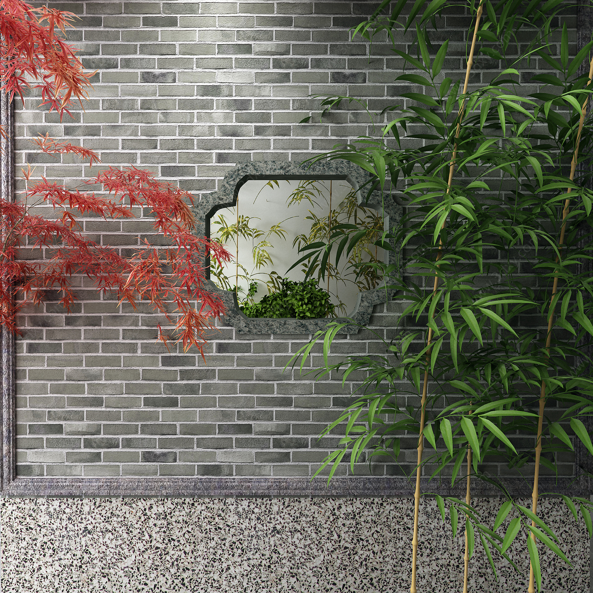 竹子红枫砖墙3D模型