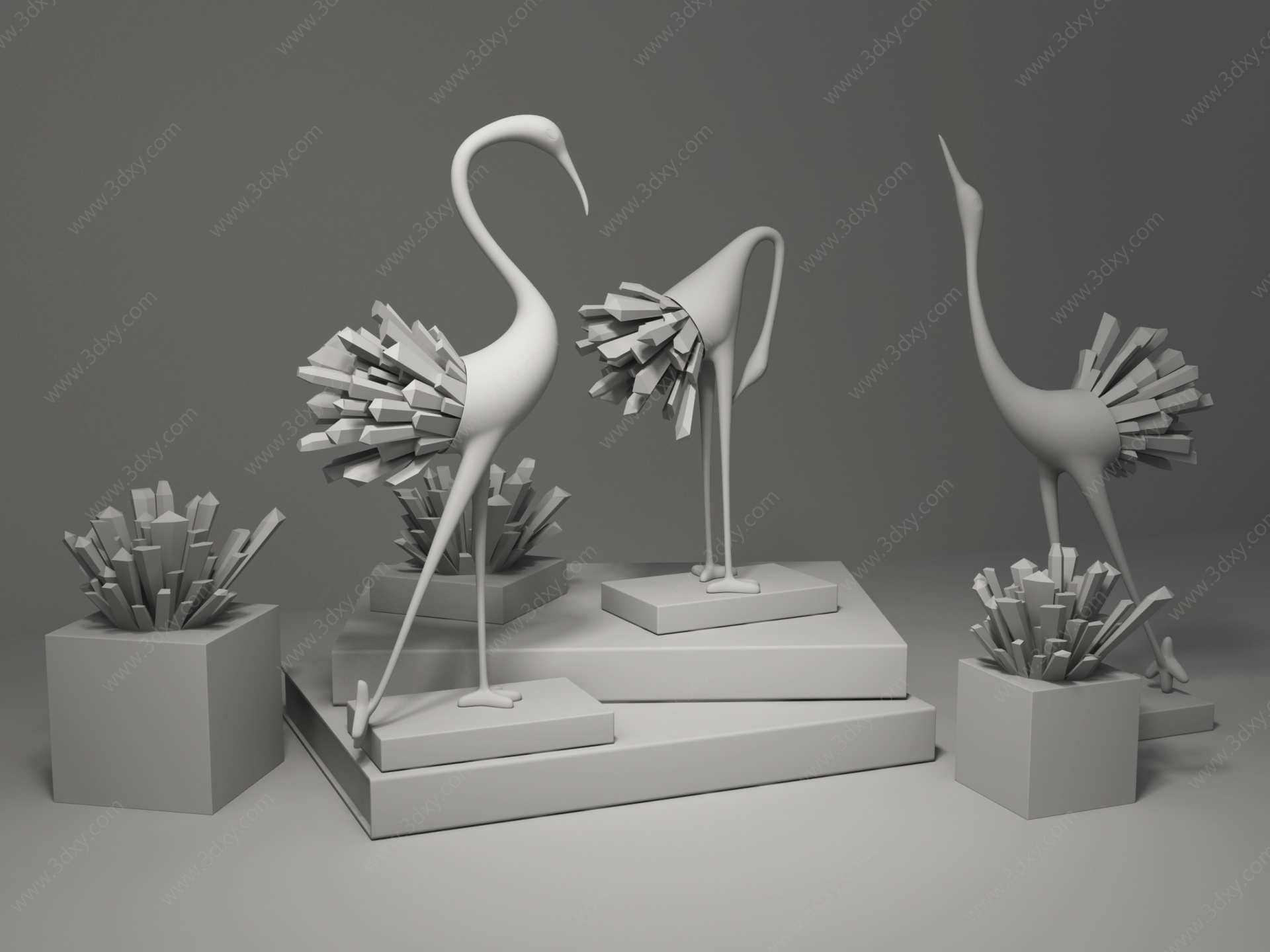 现代水晶黄铜仙鹤摆件3D模型