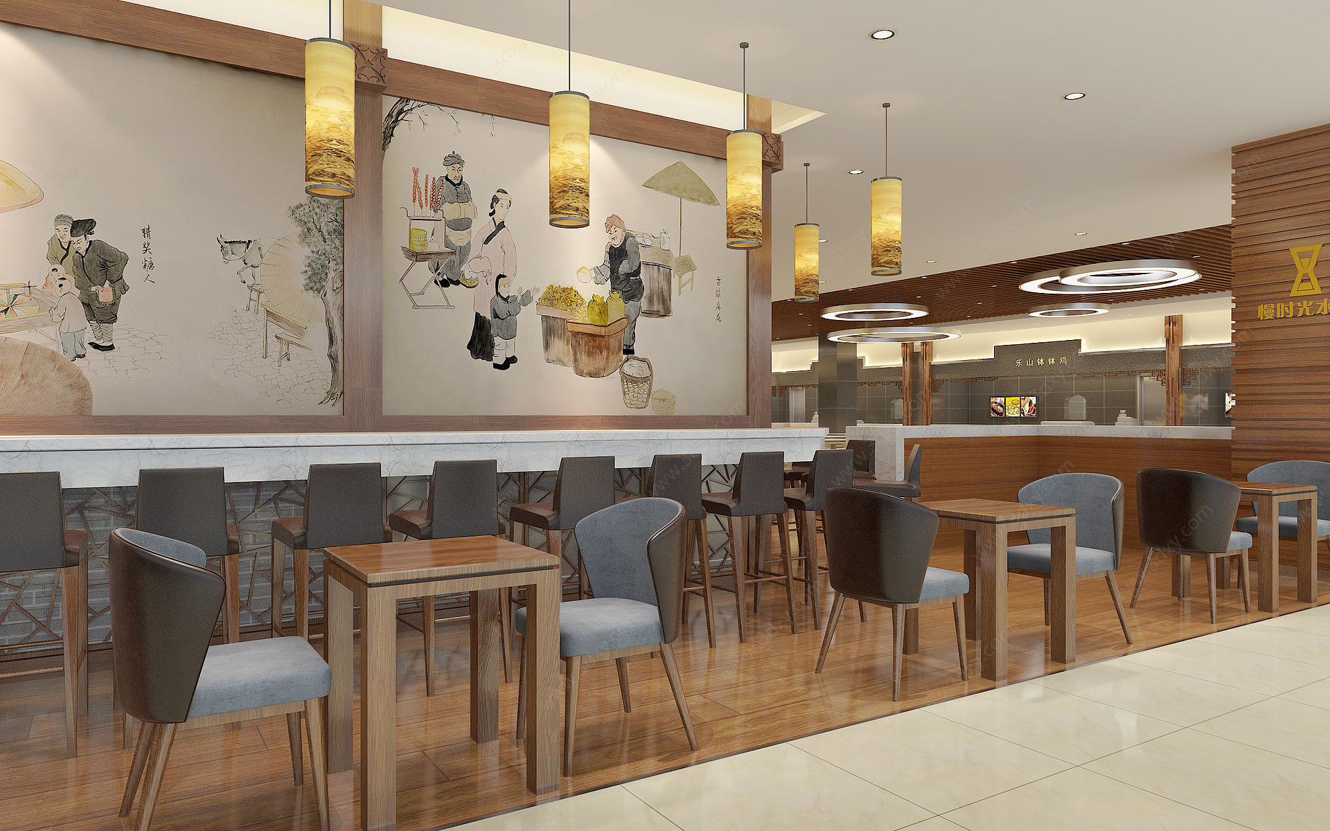 新中式风格餐厅餐饮3D模型