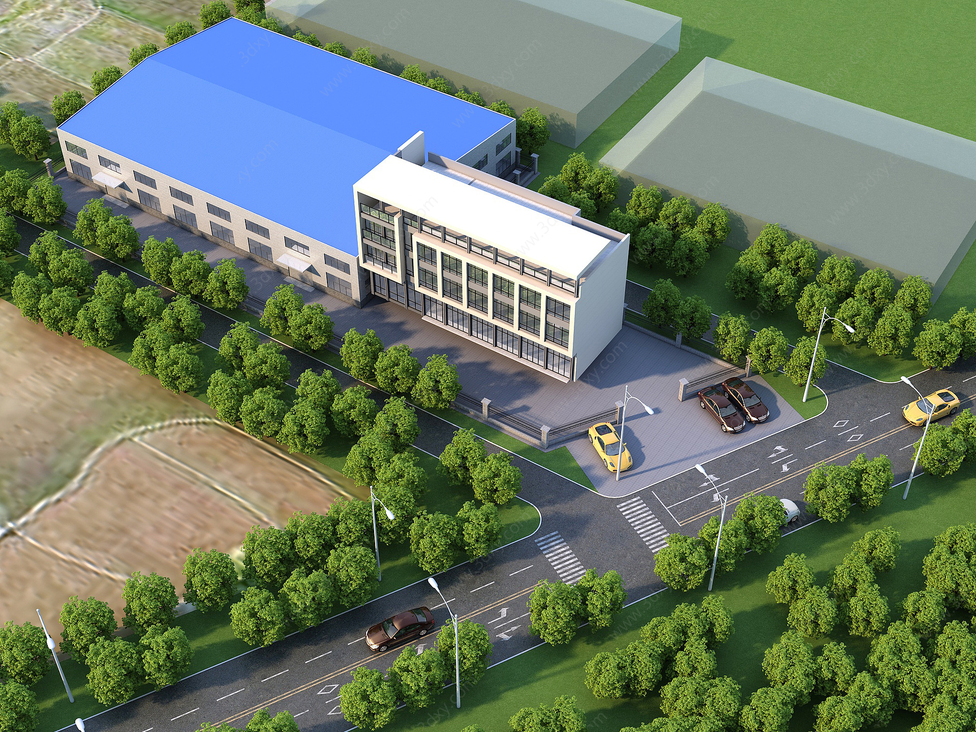 现代厂区办公建筑鸟瞰3D模型