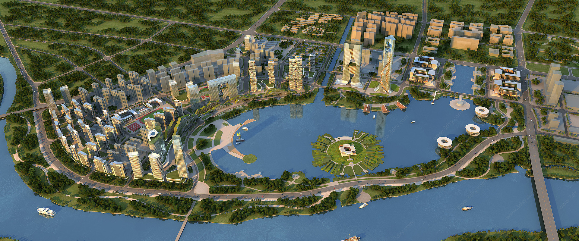 现代湖滨城市规划鸟瞰3D模型