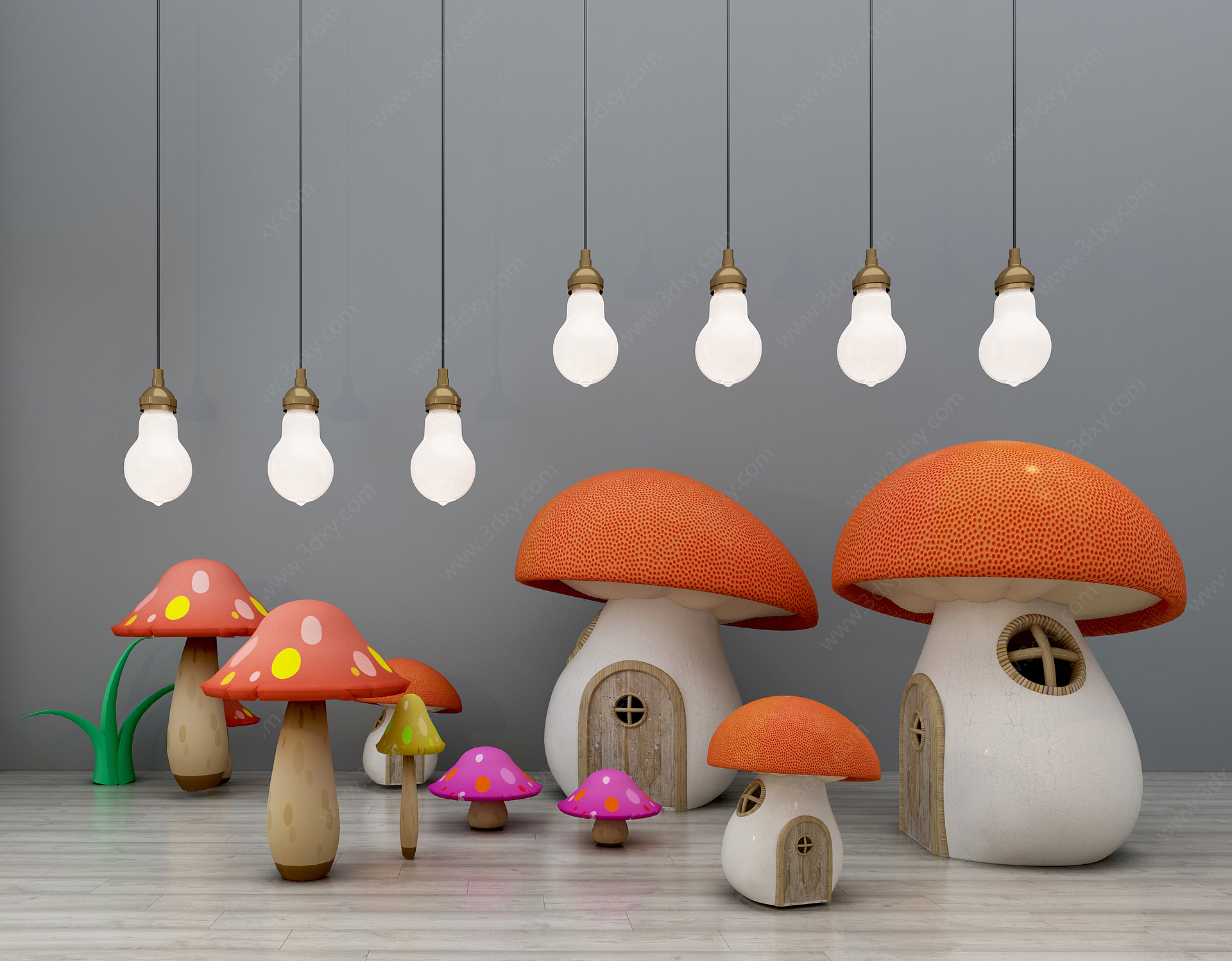 现代卡通蘑菇房组合3D模型