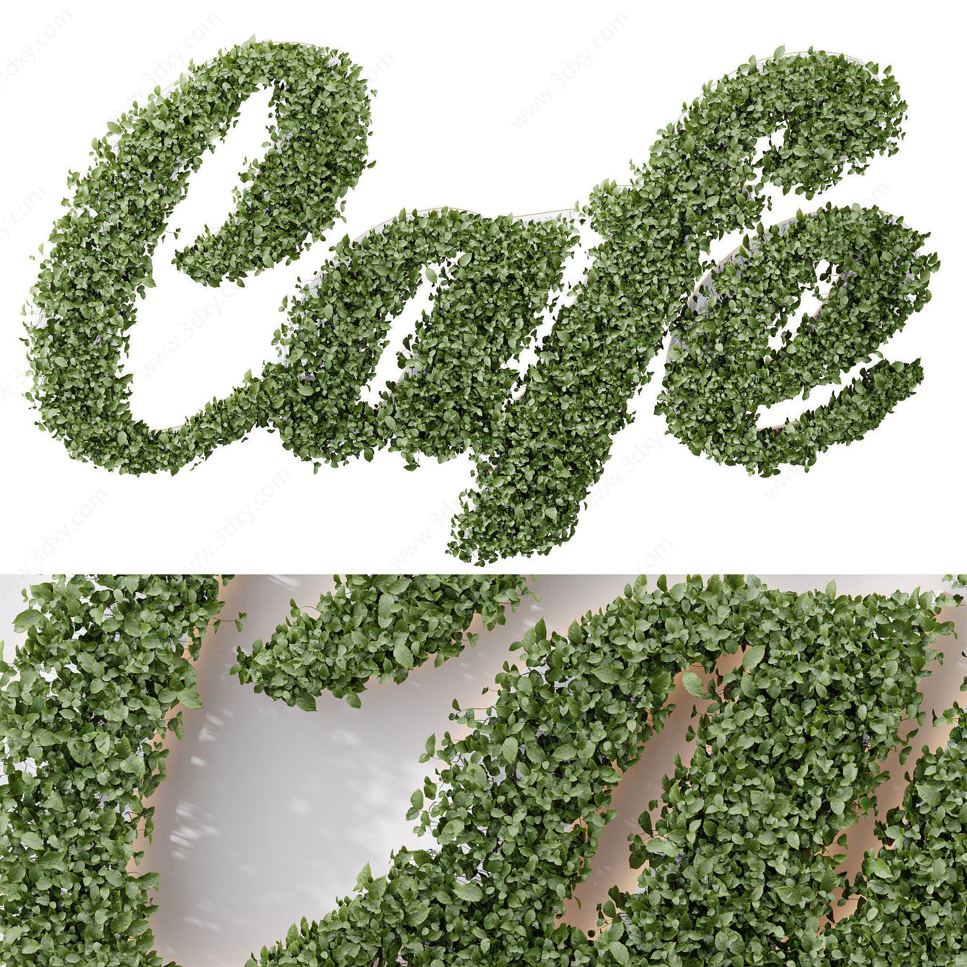 Cafe字体墙体植物草雕3D模型