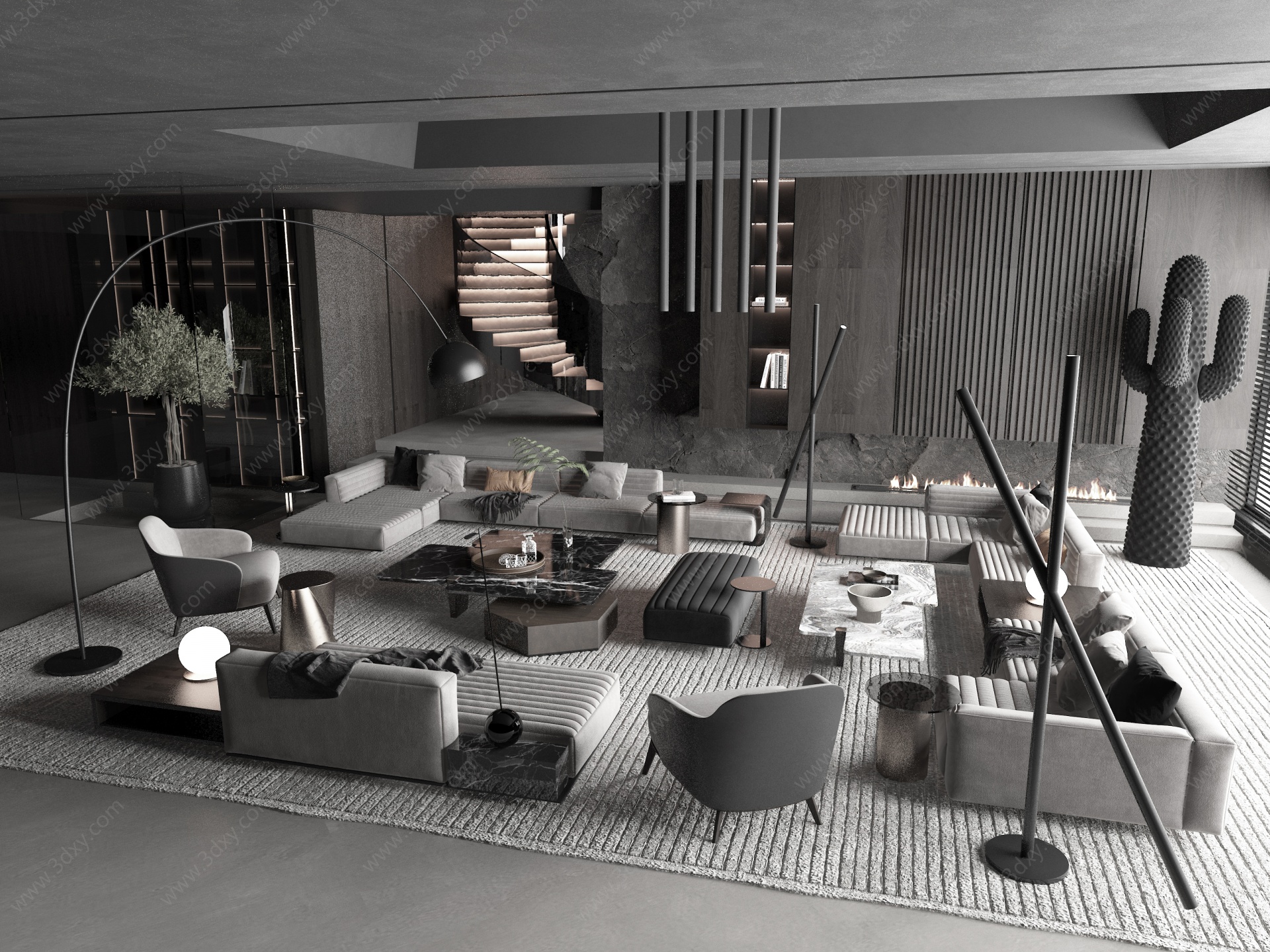 大平层意式灰色系客厅3D模型