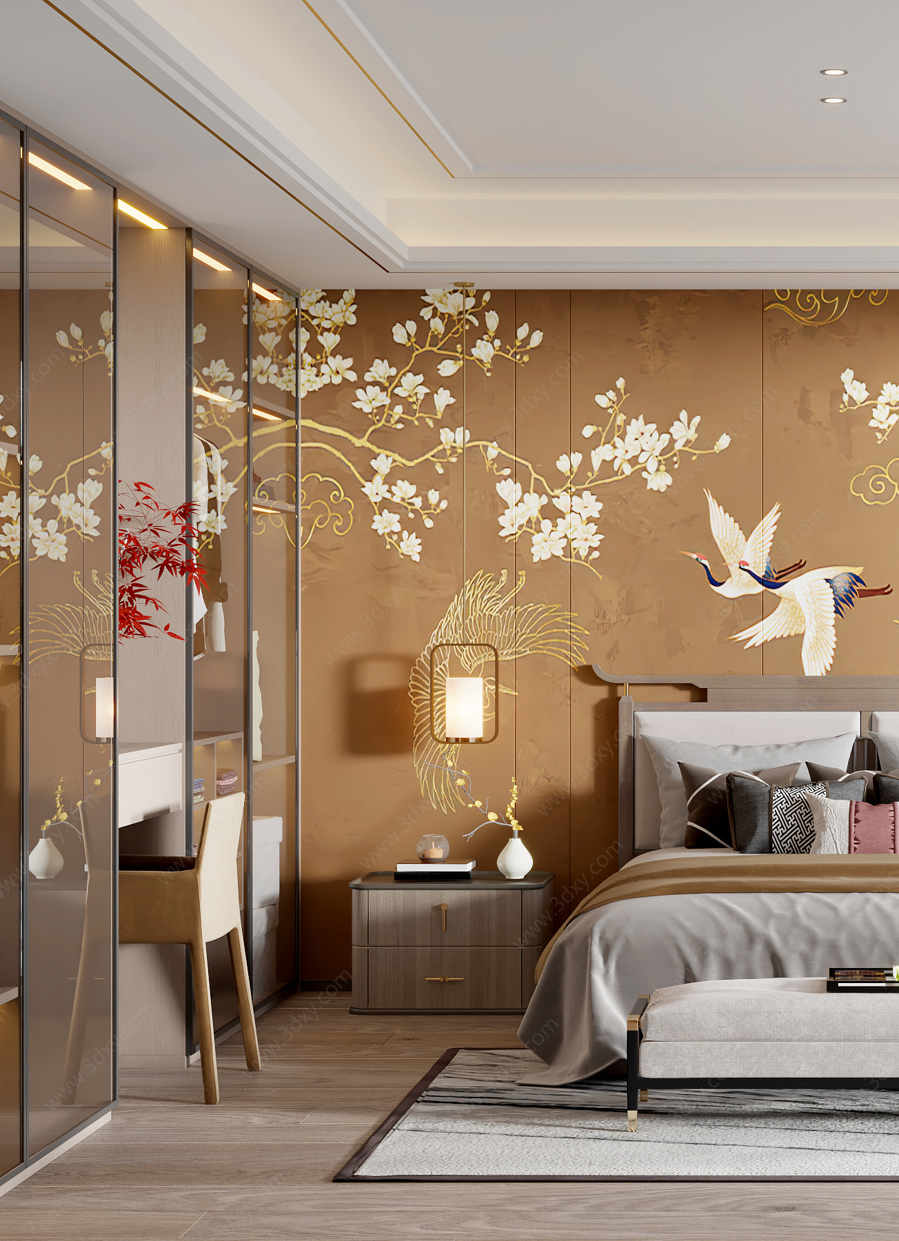 新中式仙鹤壁纸家居卧室3D模型