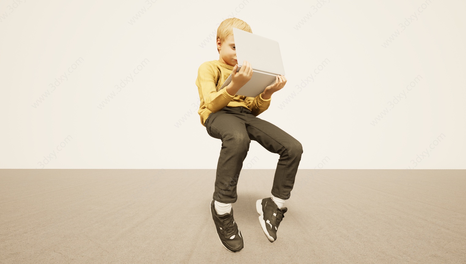 坐姿玩电脑小男孩3D模型