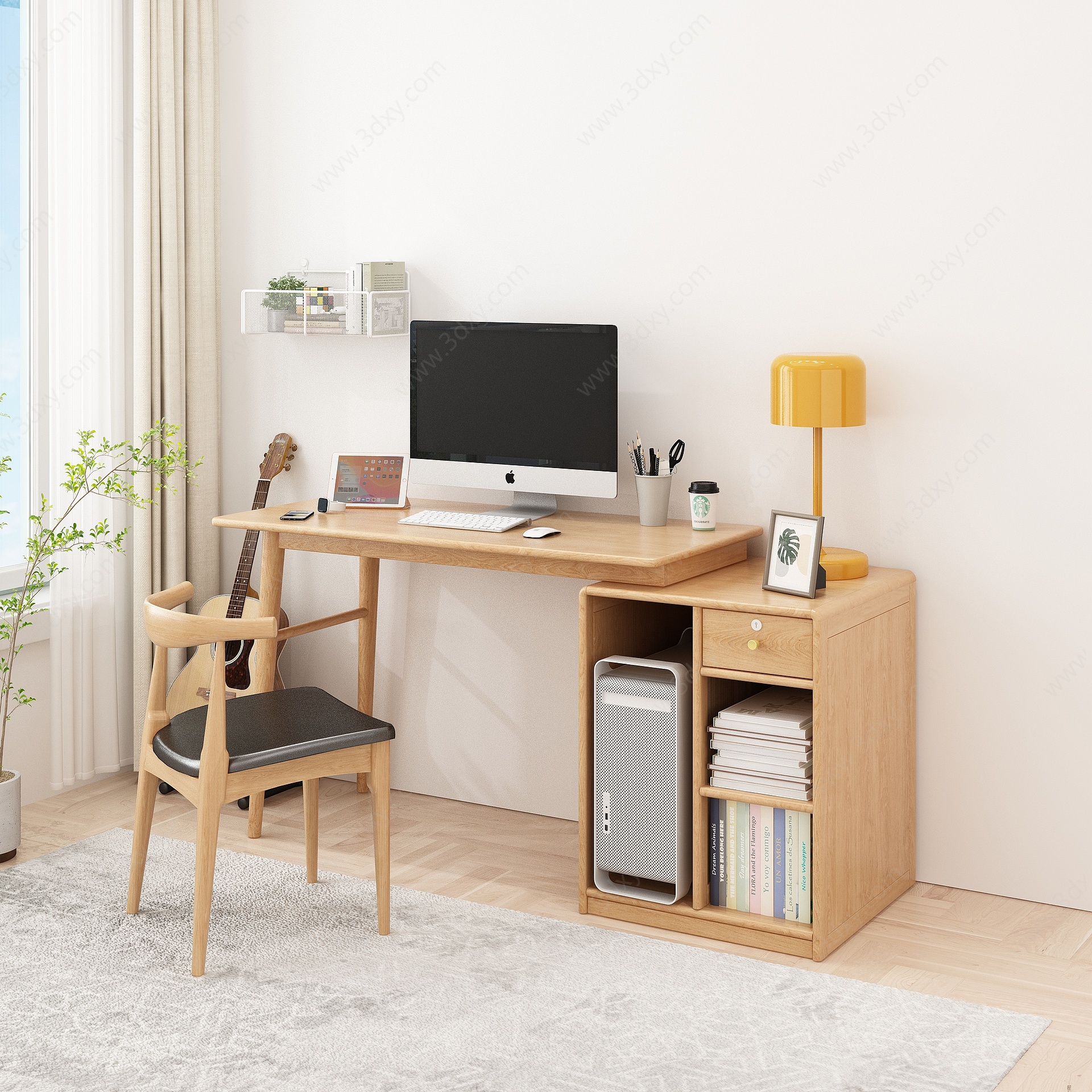 北欧实木书桌办公桌椅组合3D模型