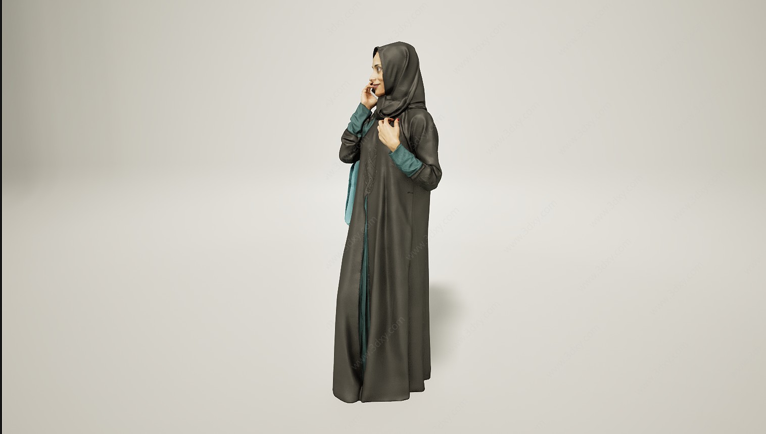 民族包头纱打电话的女人3D模型