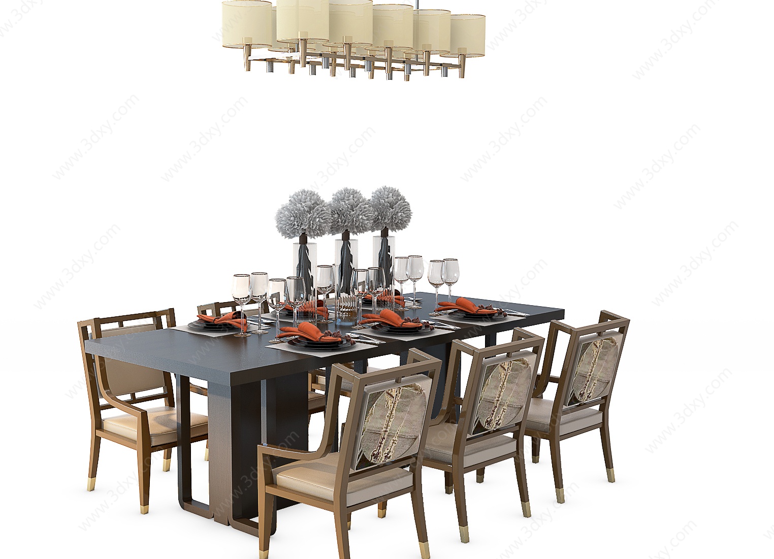 中式餐厅餐桌椅吊灯3D模型