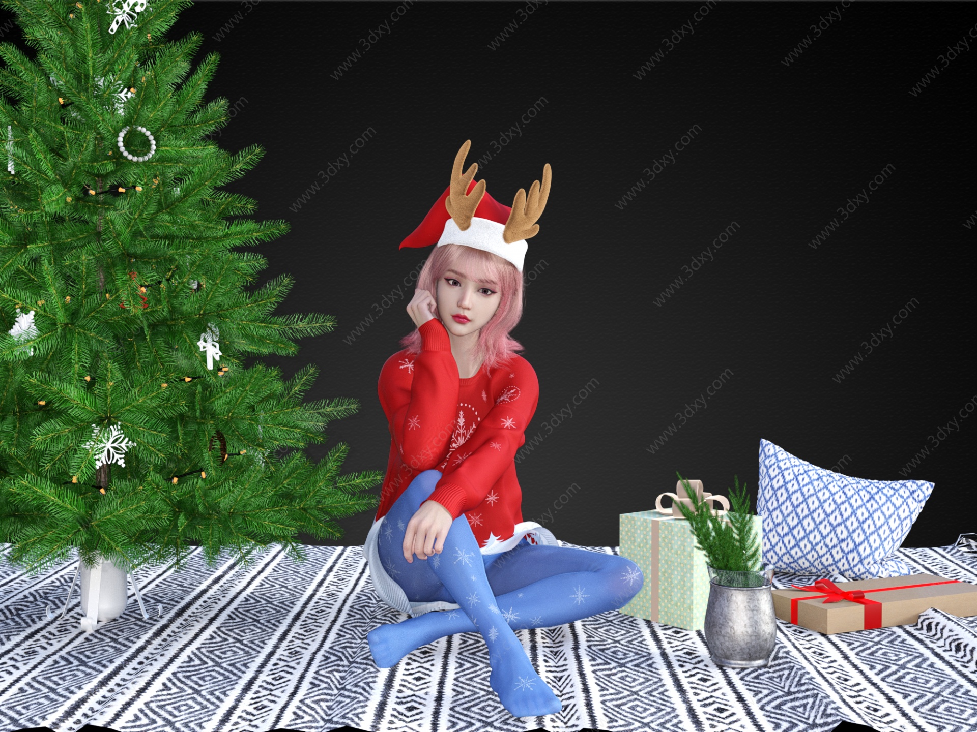 圣诞主题美女礼盒圣诞树3D模型
