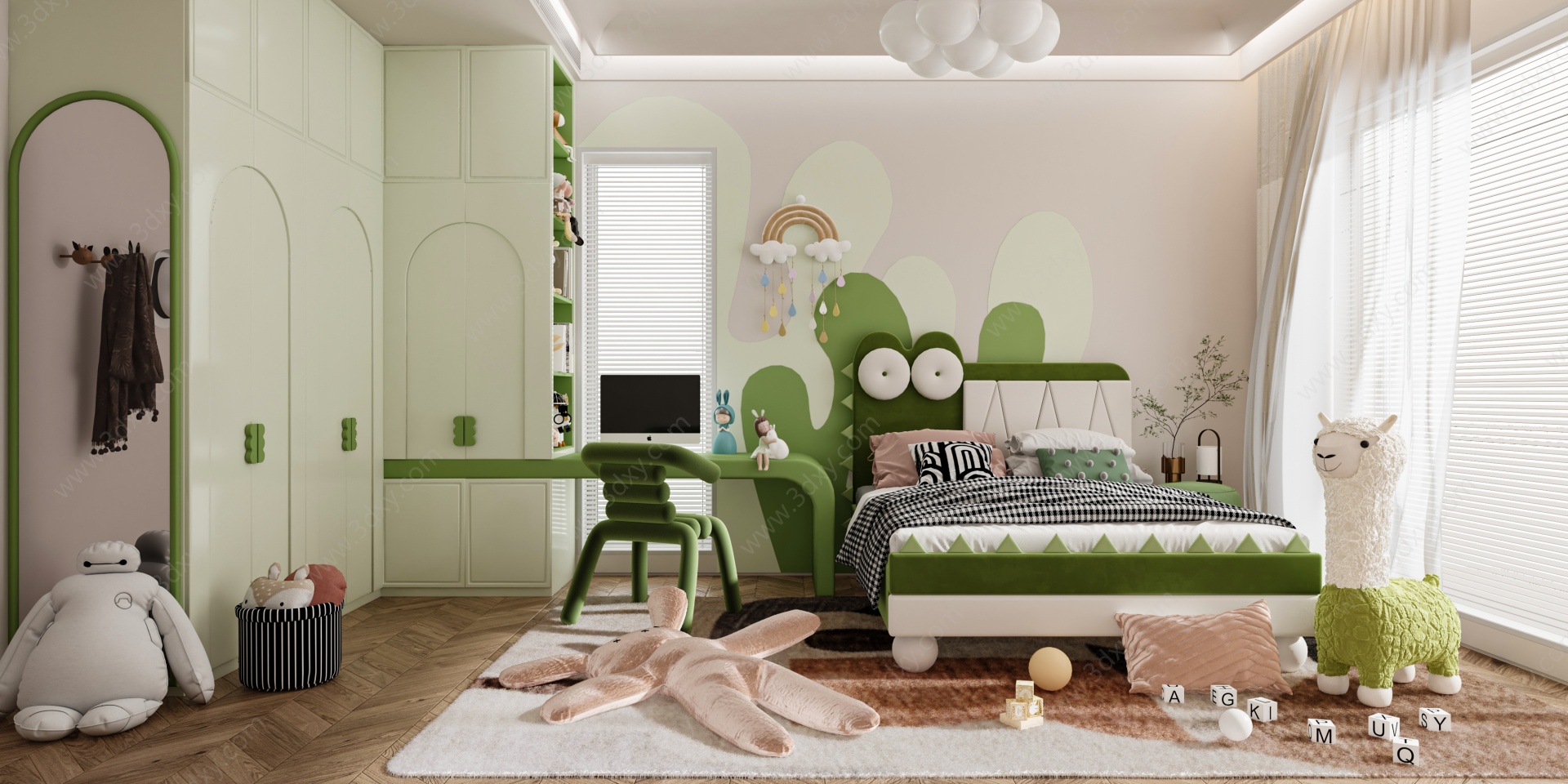 现代绿色系儿童房儿童床3D模型