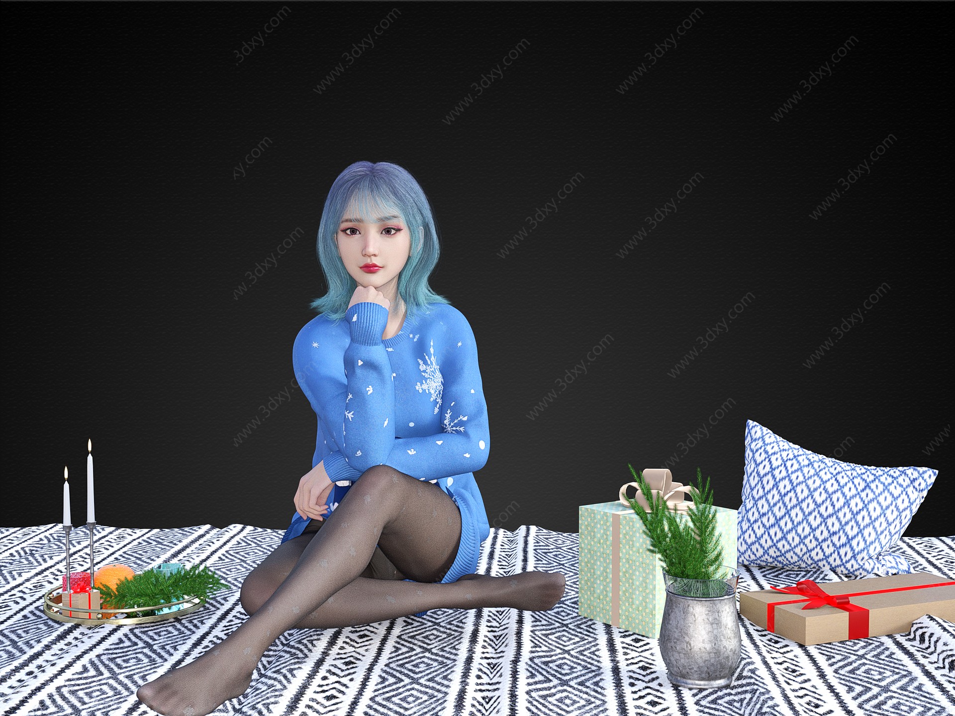 圣诞主题坐姿女孩礼盒3D模型