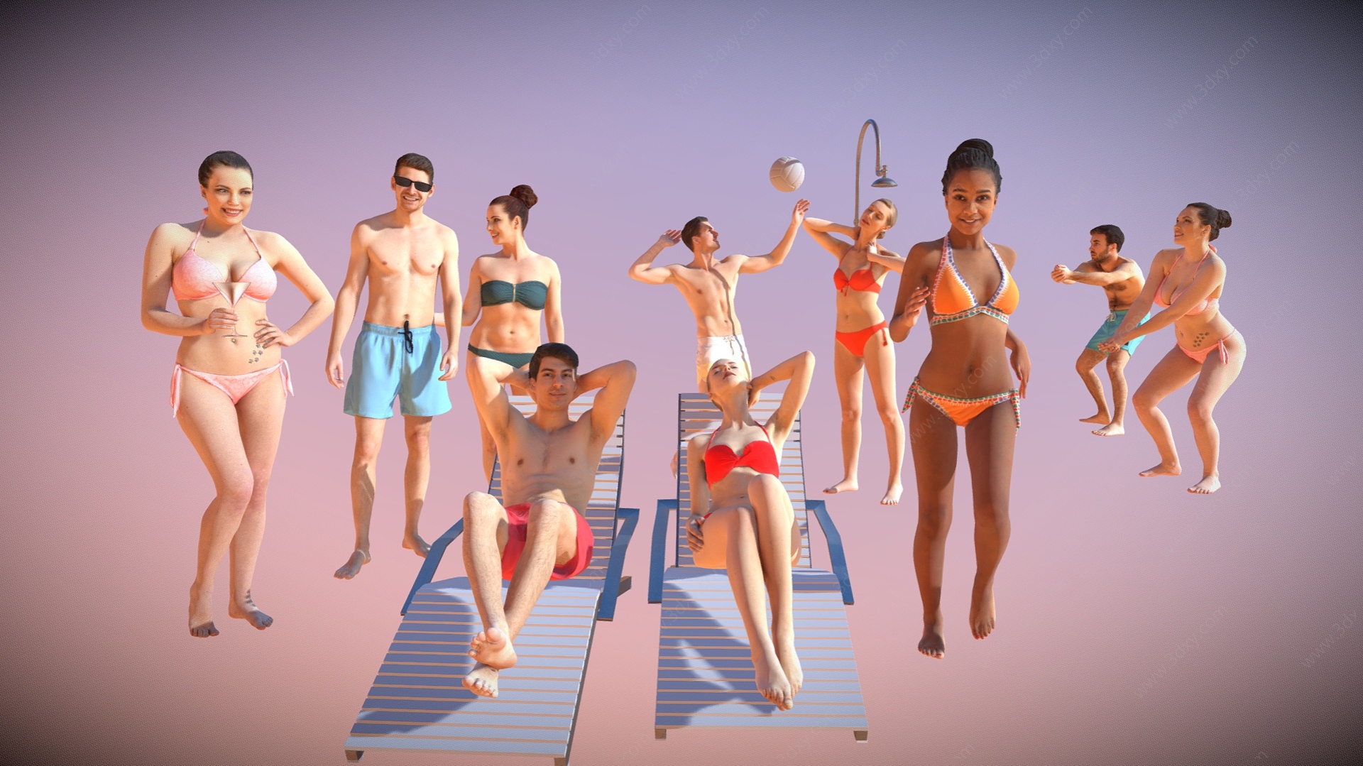 现代泳装沙滩人物多人3D模型