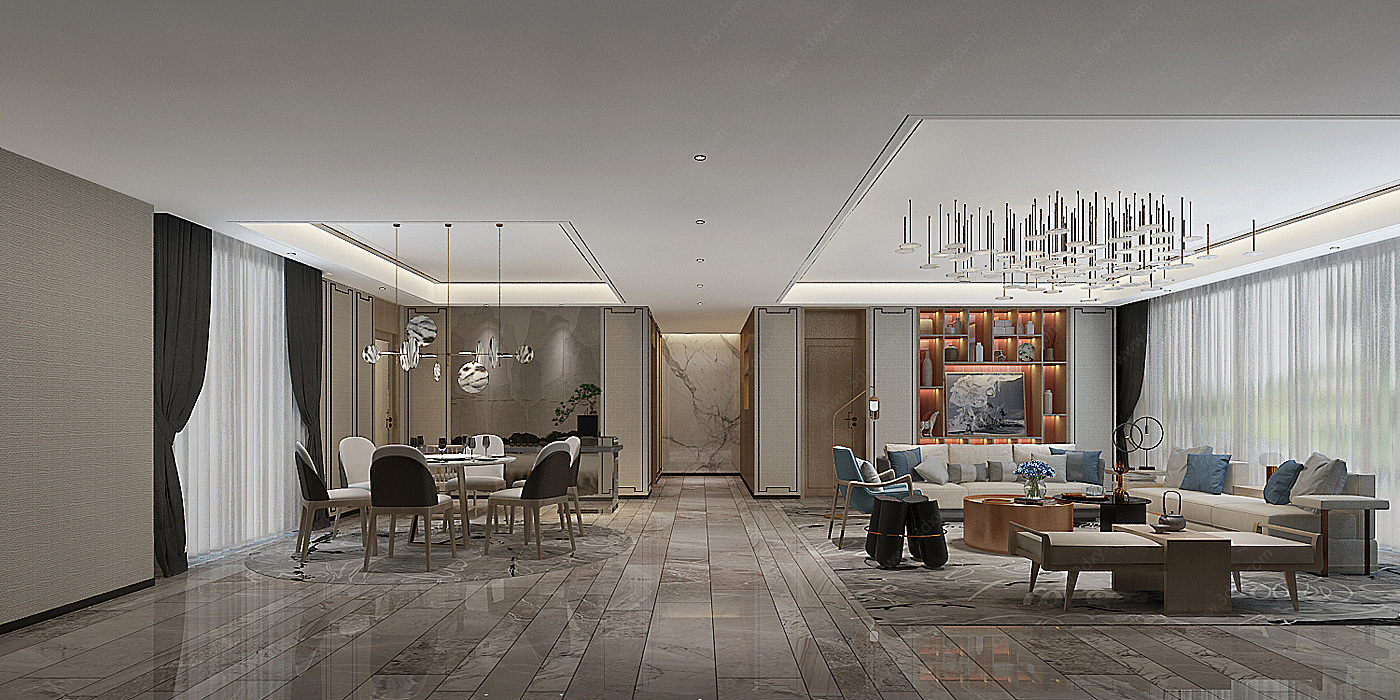 中式装修中式客厅餐厅3D模型