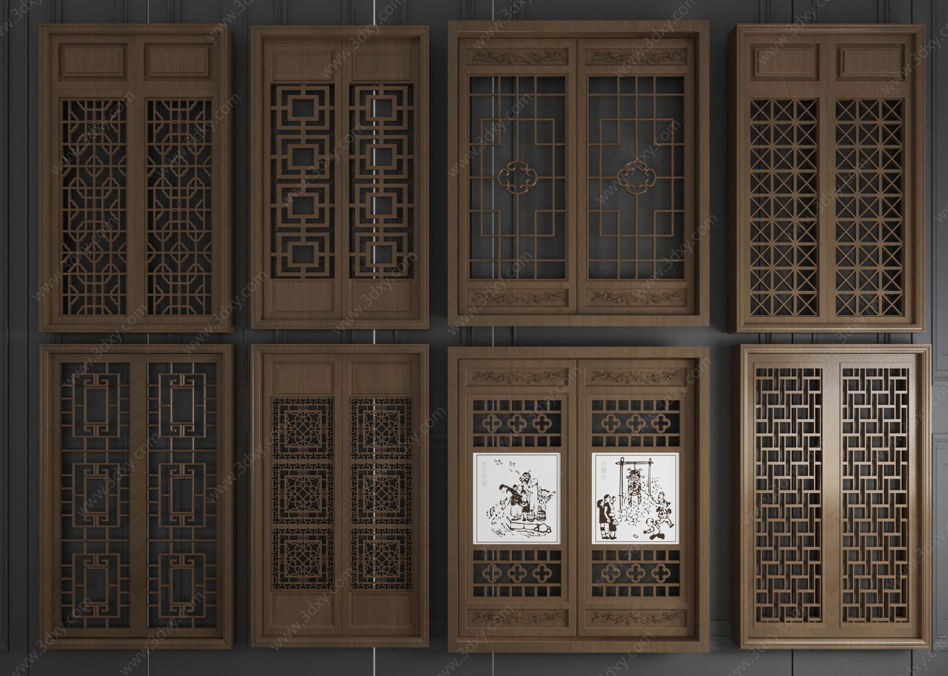 中式实木花格雕花窗户3D模型