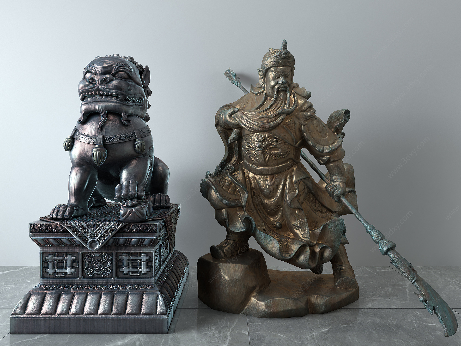 关羽关公青铜石狮子雕像3D模型
