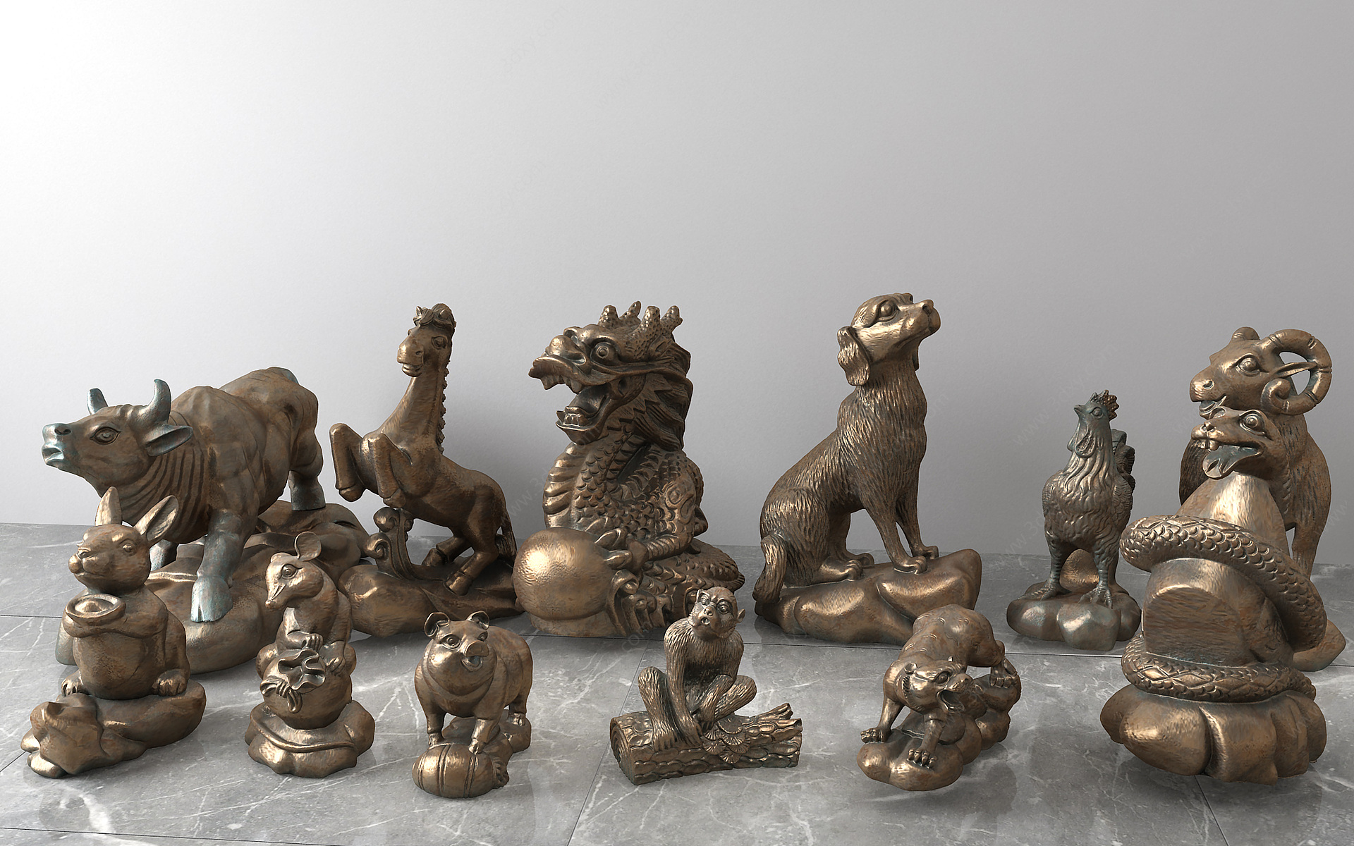 动物十二生肖青铜雕塑3D模型